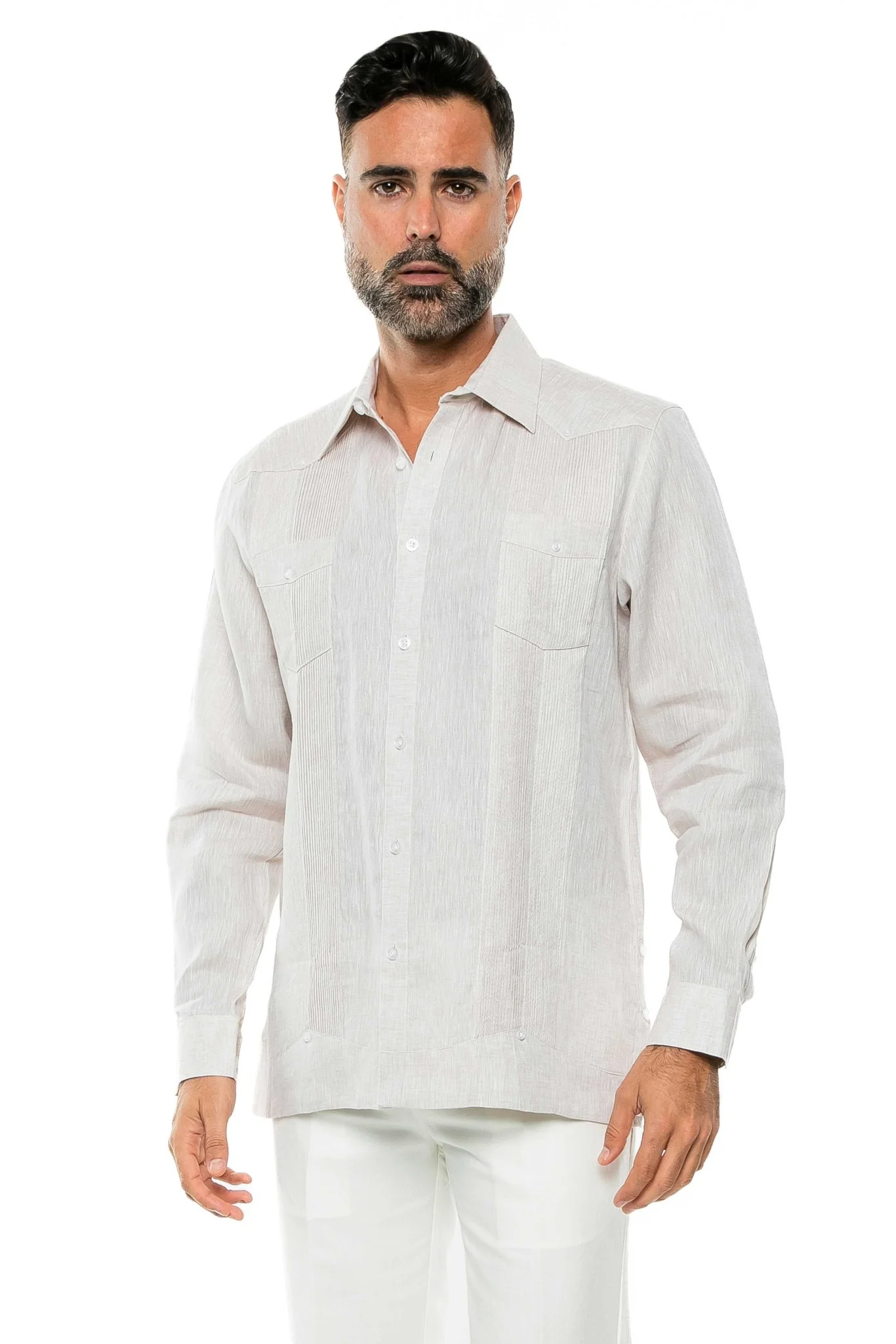 Men's 100% Linen Two-Pocket Design Guayabera Shirt Long Sleeve - Image 28