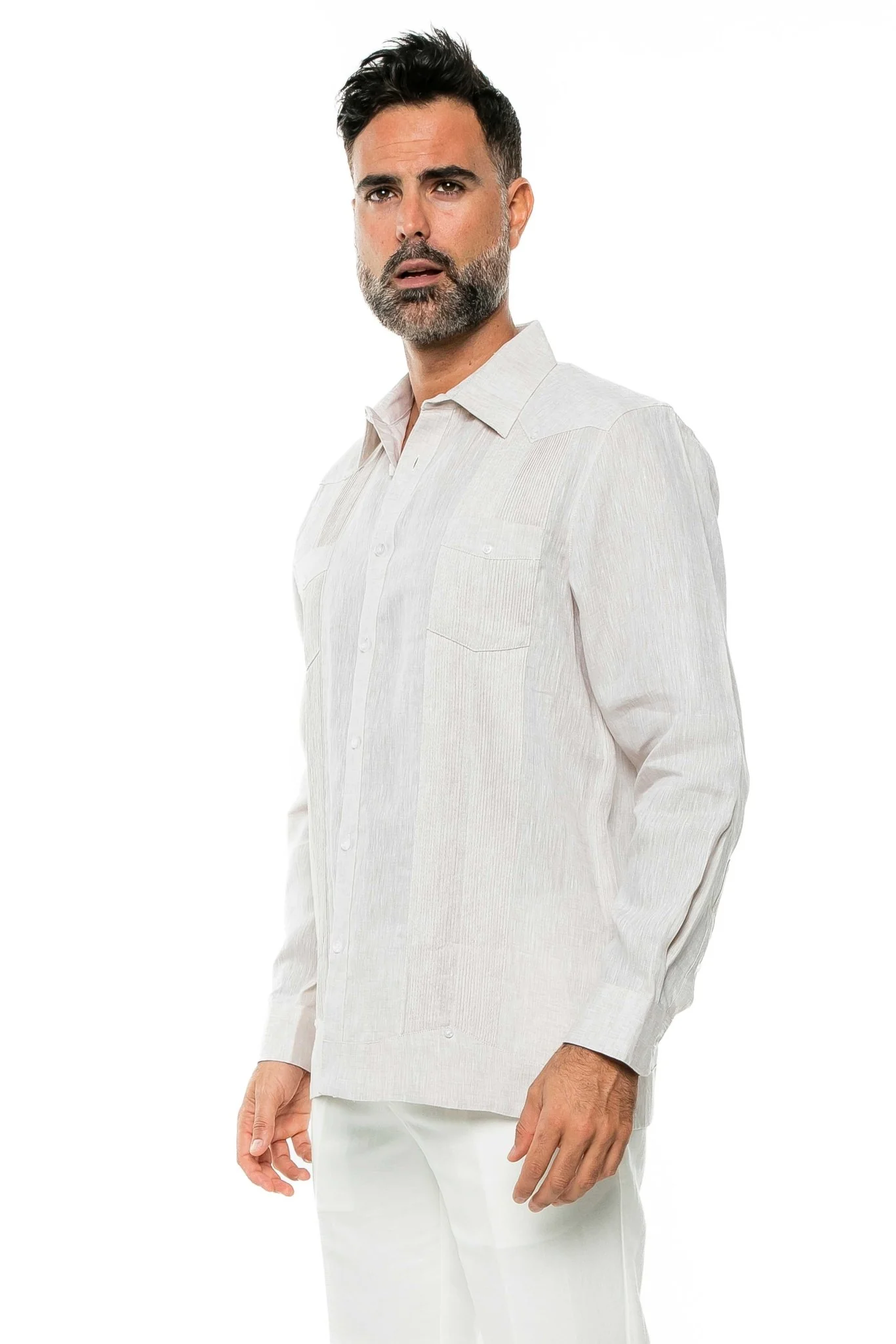 Men's 100% Linen Two-Pocket Design Guayabera Shirt Long Sleeve - Image 29
