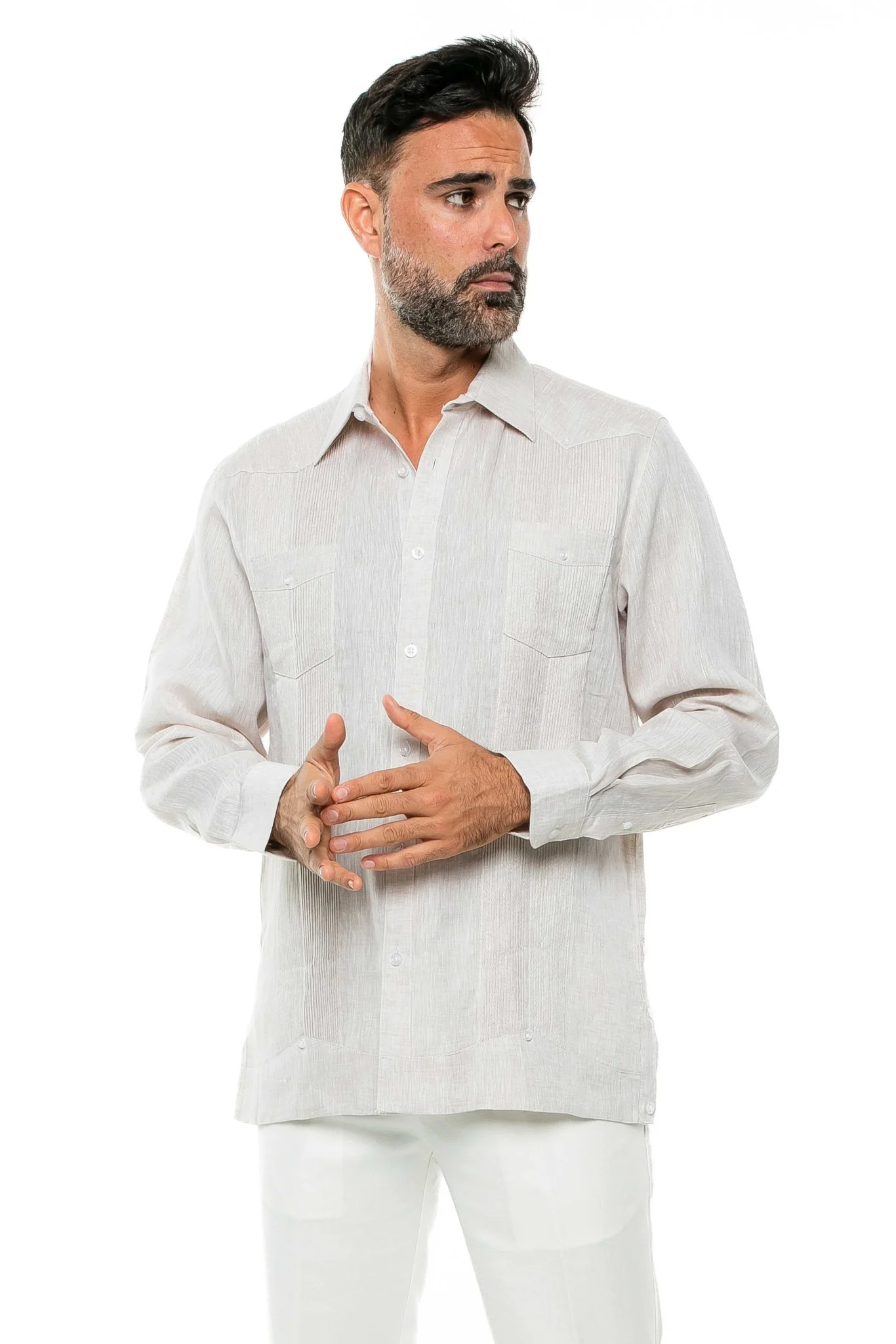 Men's 100% Linen Two-Pocket Design Guayabera Shirt Long Sleeve - Image 33