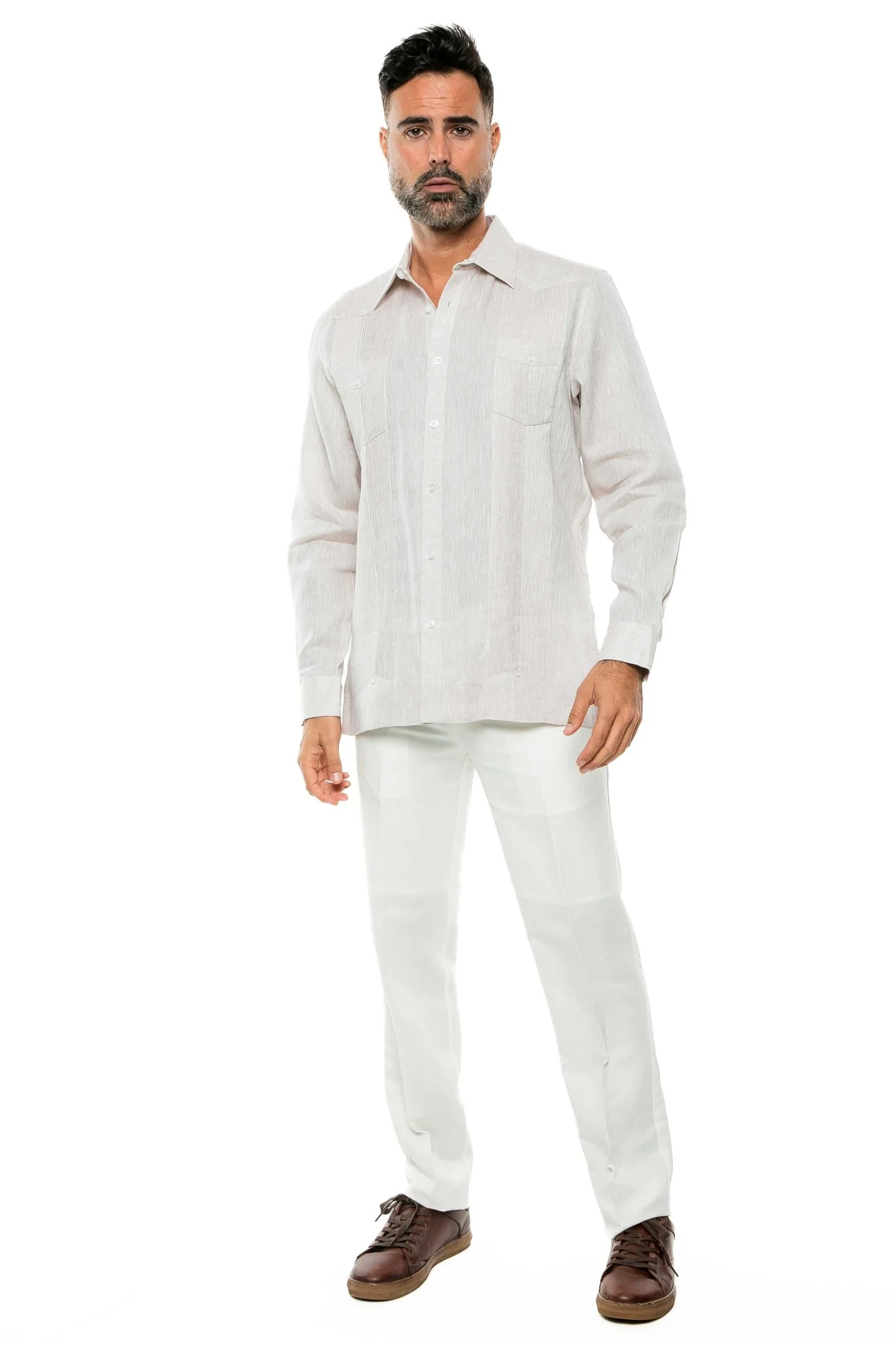 Men's 100% Linen Two-Pocket Design Guayabera Shirt Long Sleeve - Image 35