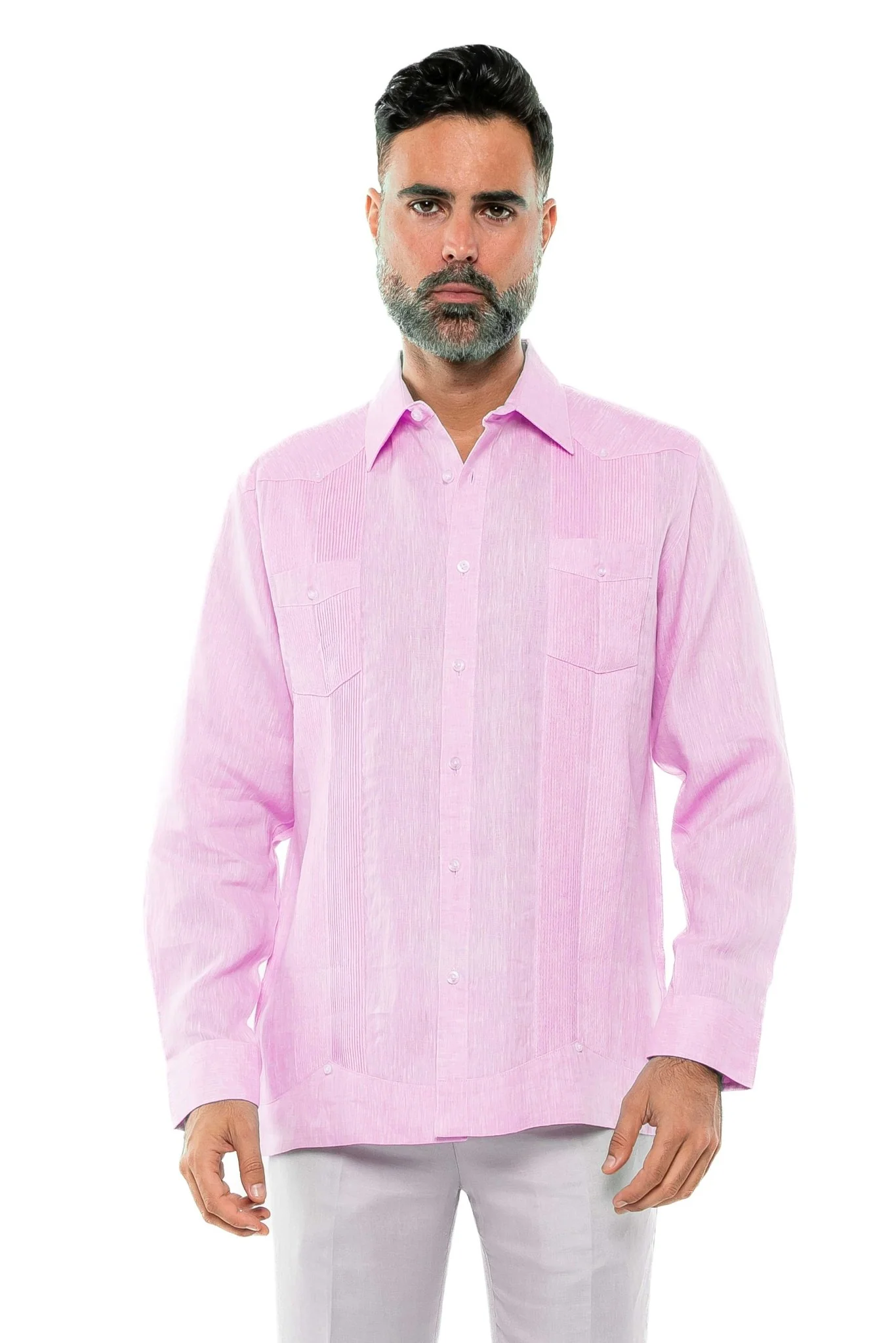 Men's 100% Linen Two-Pocket Design Guayabera Shirt Long Sleeve - Image 36