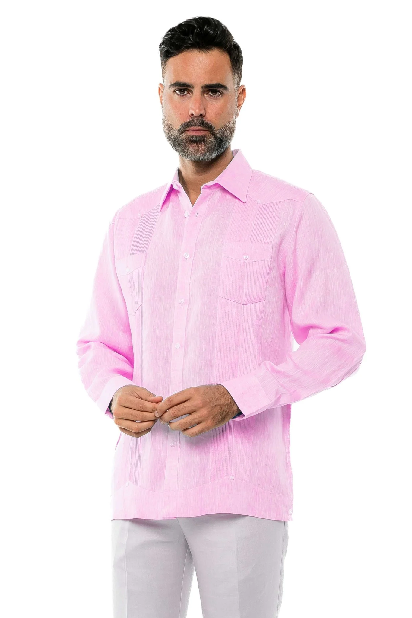 Men's 100% Linen Two-Pocket Design Guayabera Shirt Long Sleeve - Image 37