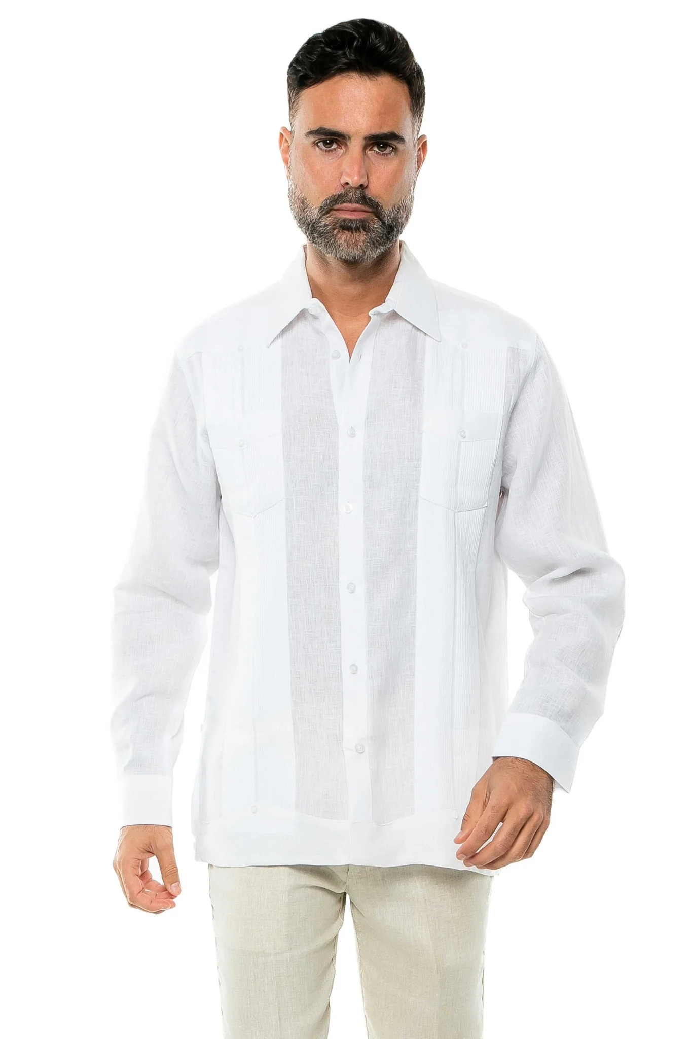 Men's 100% Linen Two-Pocket Design Guayabera Shirt Long Sleeve - Image 39