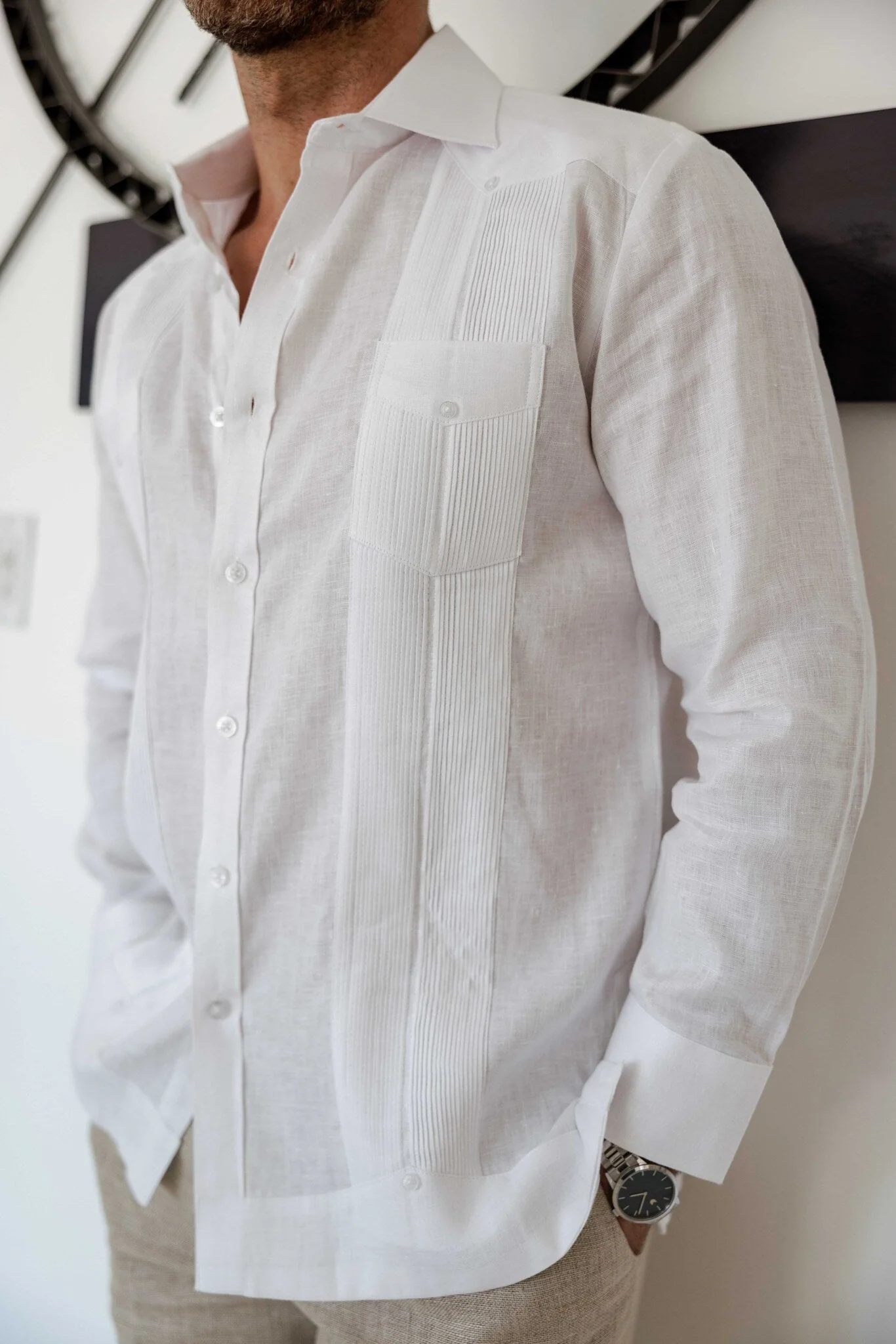 Men's 100% Linen Two-Pocket Design Guayabera Shirt Long Sleeve - Image 41