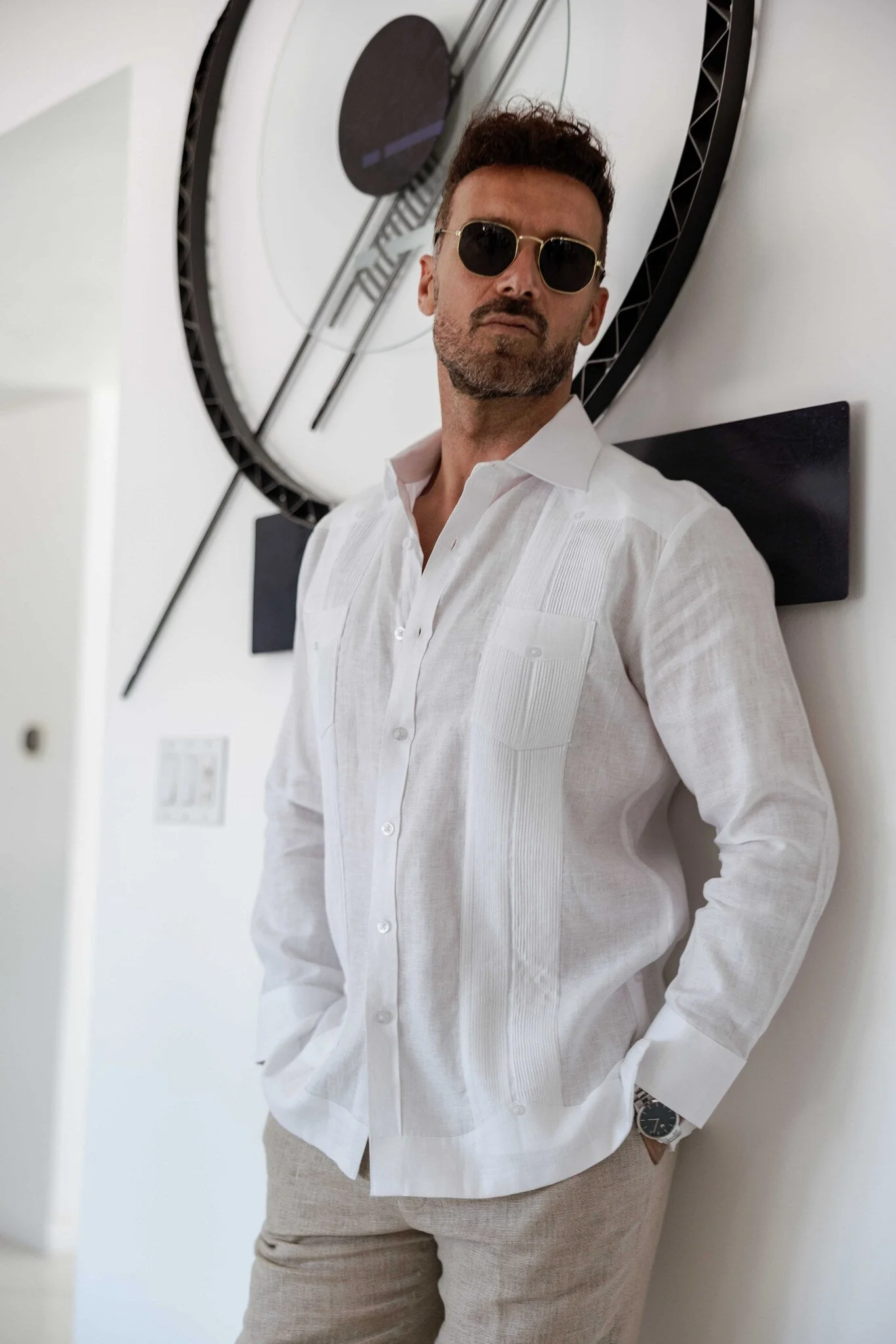 Men's 100% Linen Two-Pocket Design Guayabera Shirt Long Sleeve - Image 42