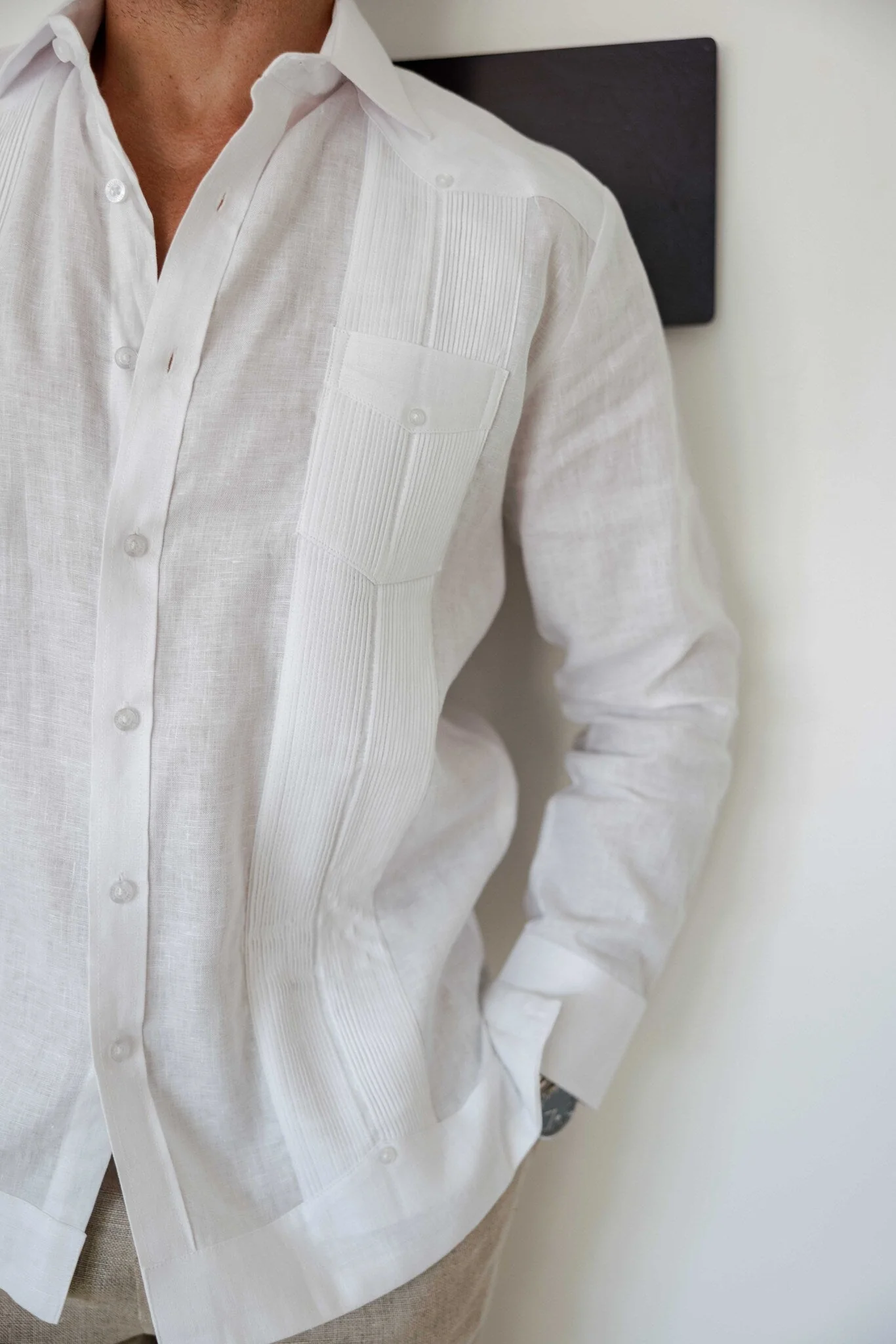 Men's 100% Linen Two-Pocket Design Guayabera Shirt Long Sleeve - Image 44