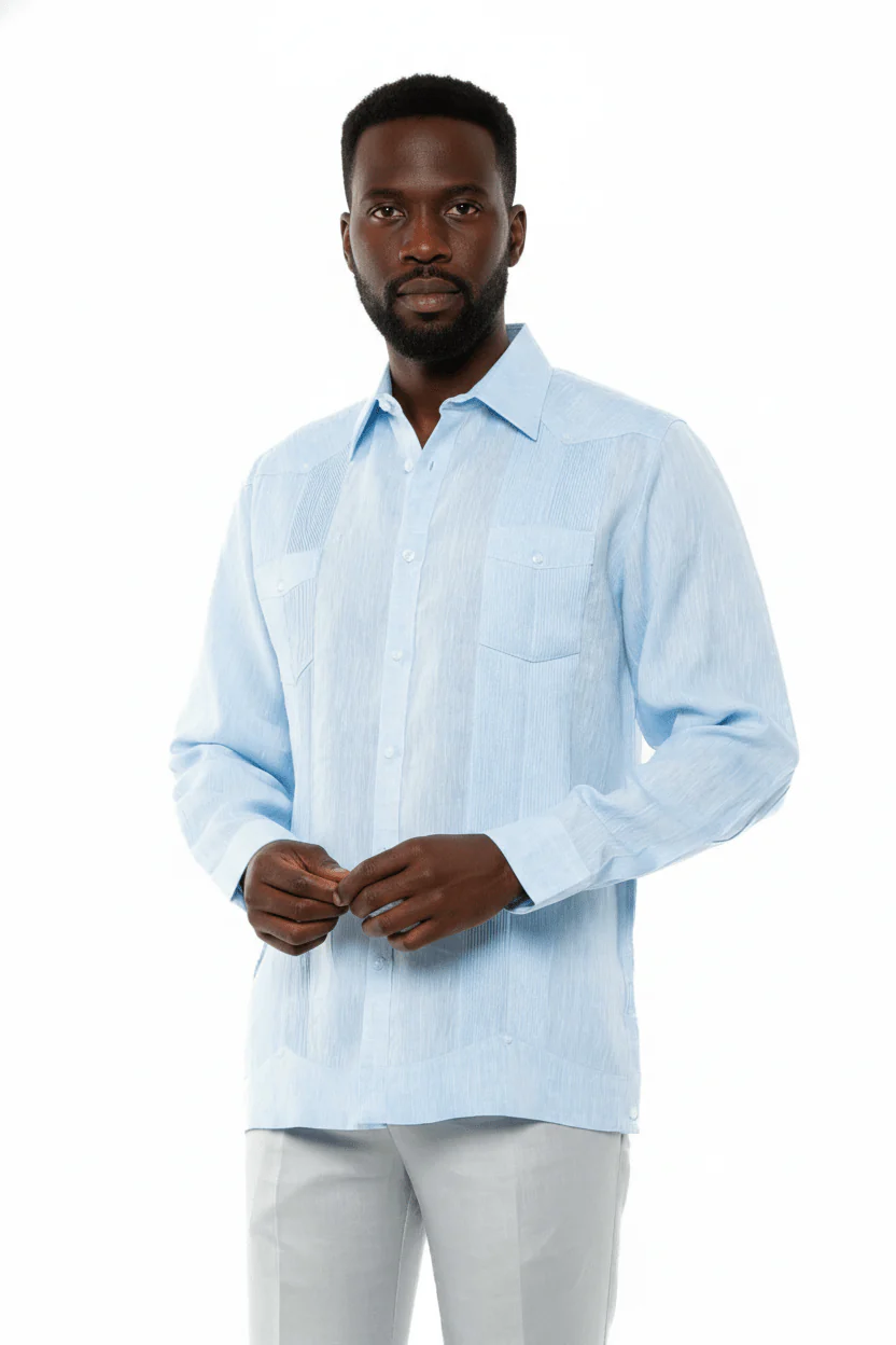 Men's 100% Linen Two-Pocket Design Guayabera Shirt Long Sleeve - Image 5