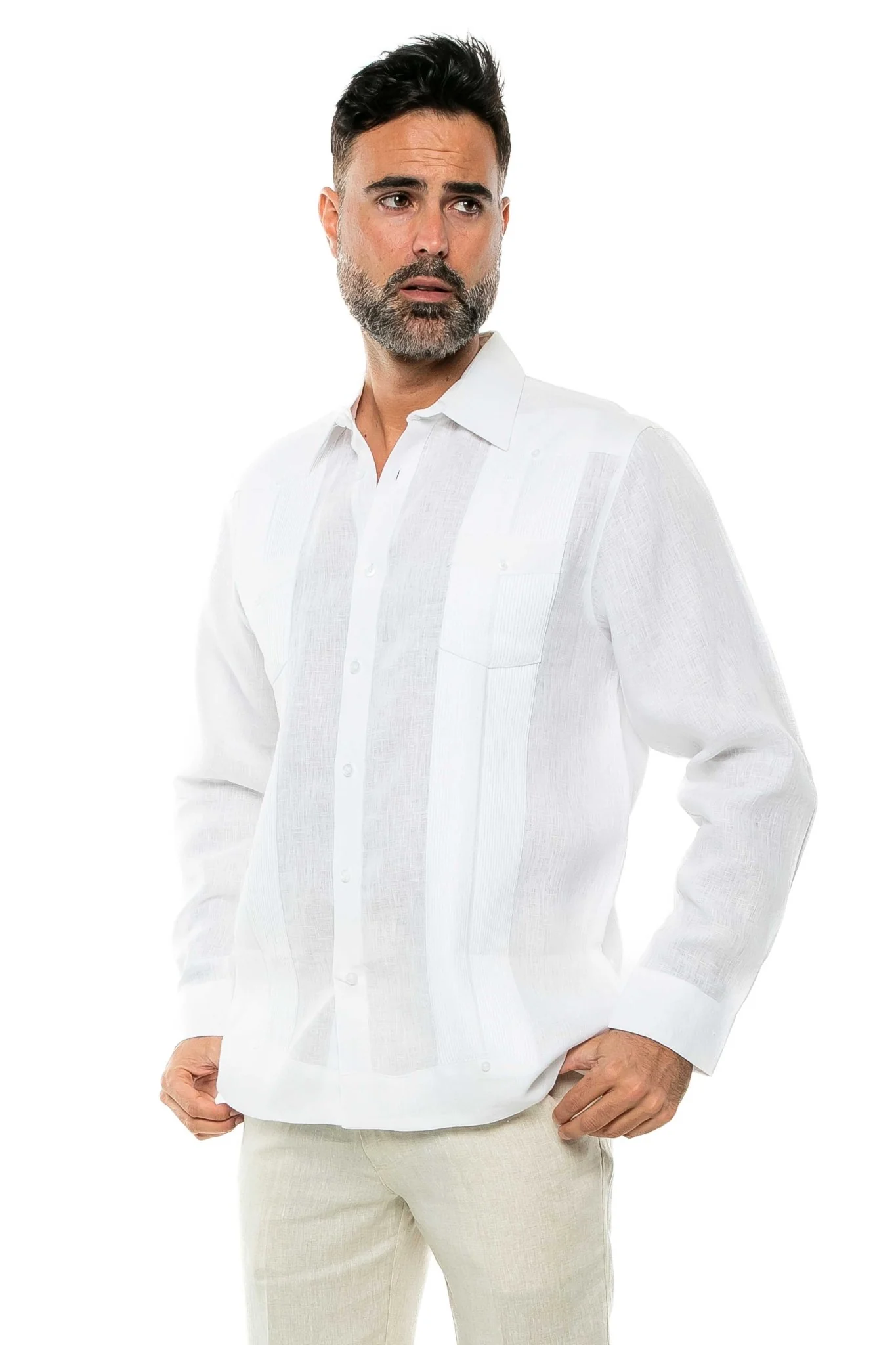 Men's 100% Linen Two-Pocket Design Guayabera Shirt Long Sleeve - Image 52