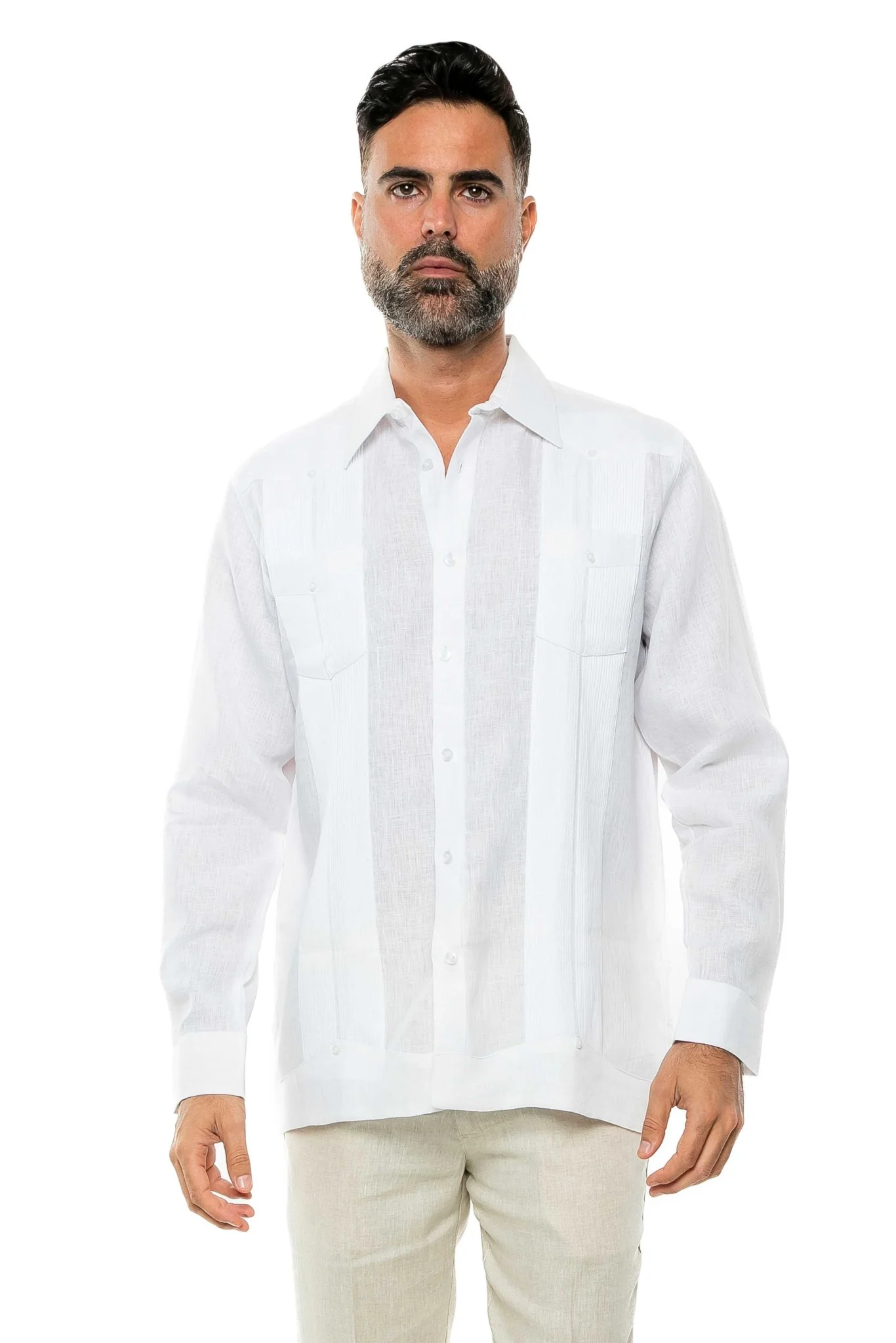 Men's 100% Linen Two-Pocket Design Guayabera Shirt Long Sleeve - Image 53