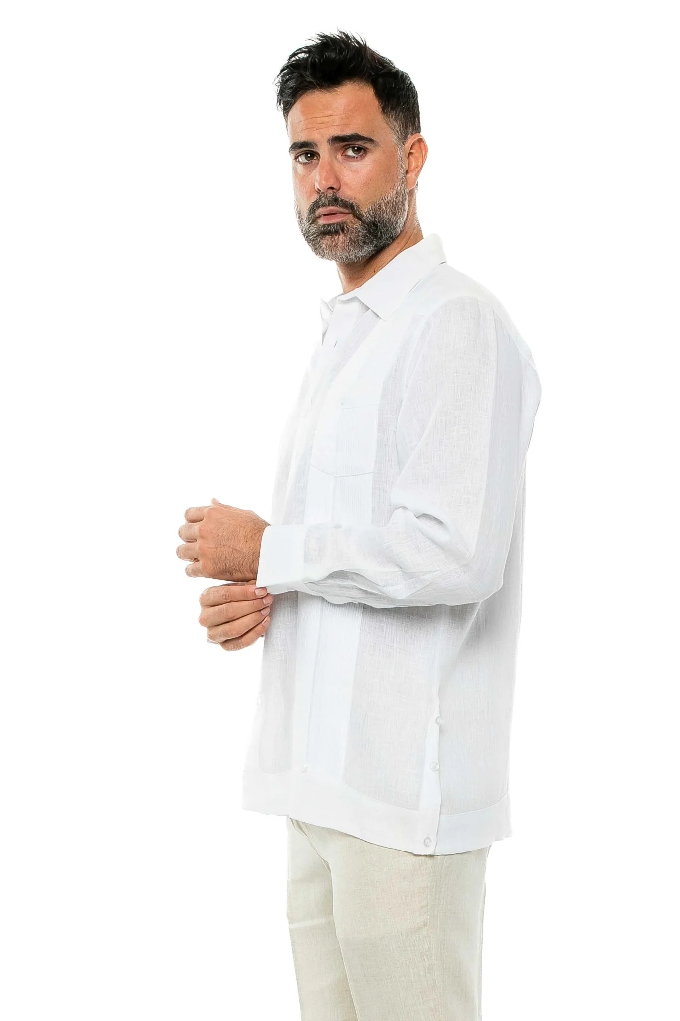 Men's 100% Linen Two-Pocket Design Guayabera Shirt Long Sleeve - Image 55