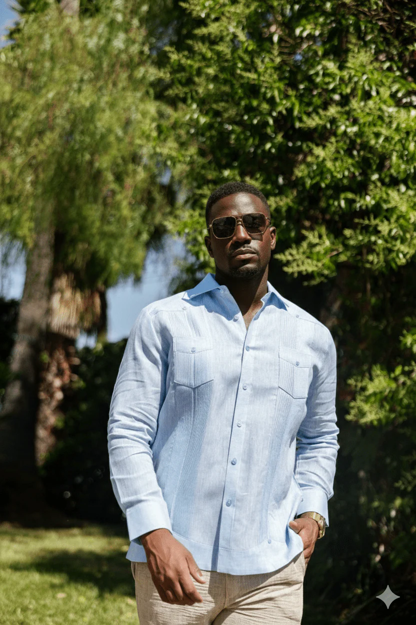 Men's 100% Linen Two-Pocket Design Guayabera Shirt Long Sleeve - Image 6