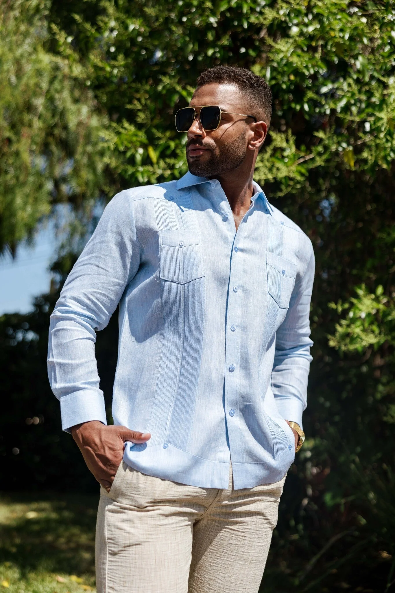 Men's 100% Linen Two-Pocket Design Guayabera Shirt Long Sleeve - Image 8