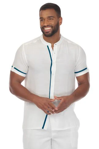 Men's Beach Mandarin Collar Button Down Two Tone Shirt Short Sleeve - Image 2
