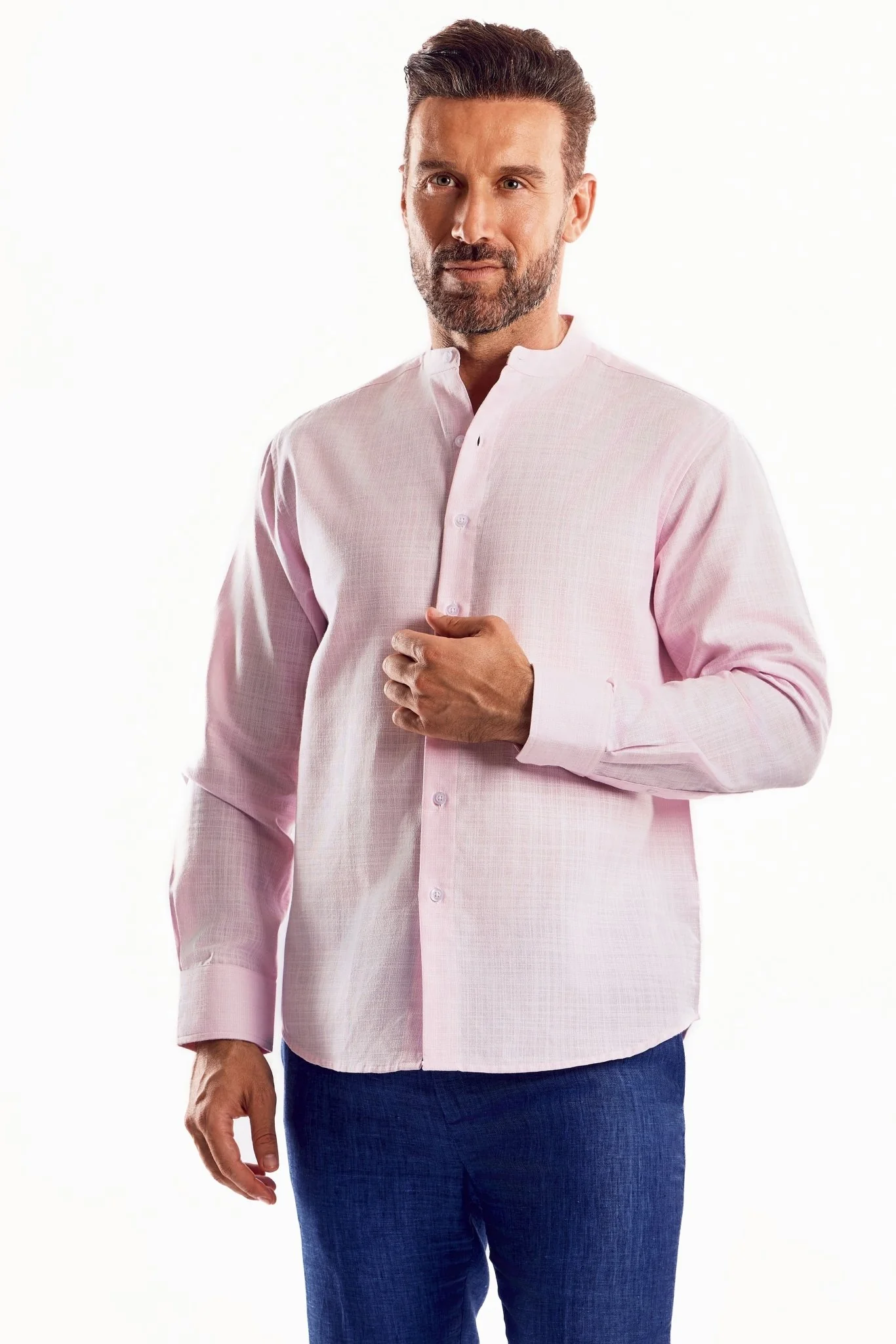 Men's Linen Blend Mandarin Collar Long Sleeve Shirt - Image 10