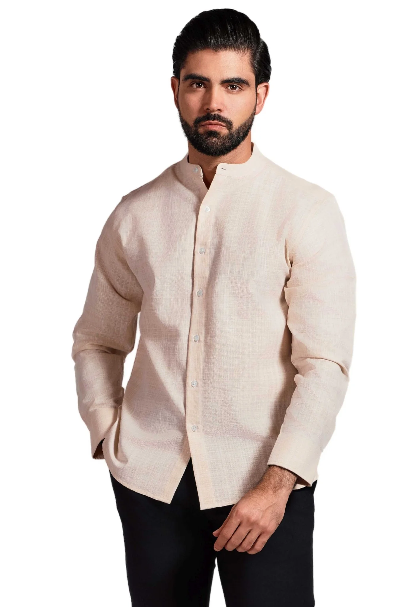Men's Linen Blend Mandarin Collar Long Sleeve Shirt - Image 16