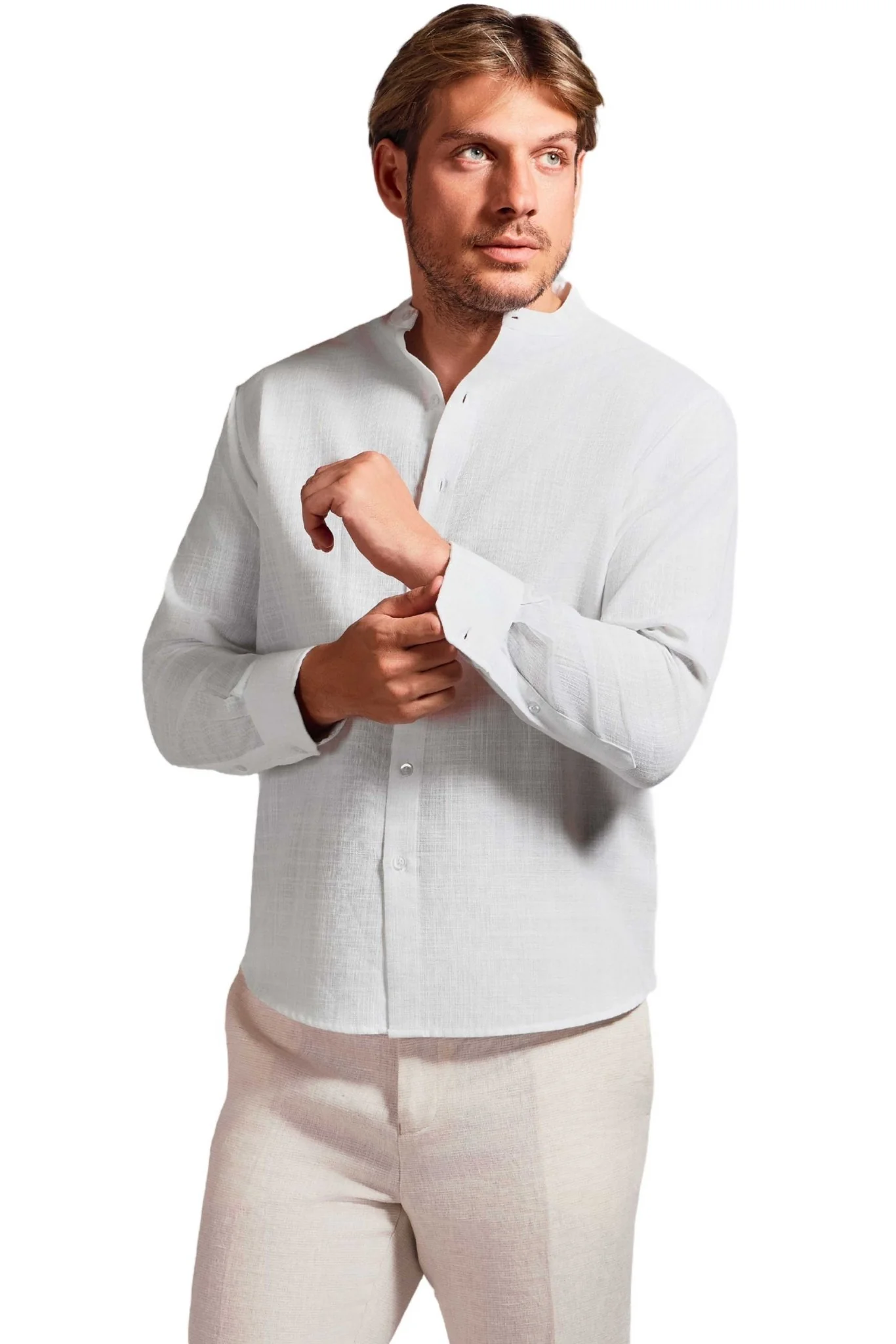 Men's Linen Blend Mandarin Collar Long Sleeve Shirt - Image 20