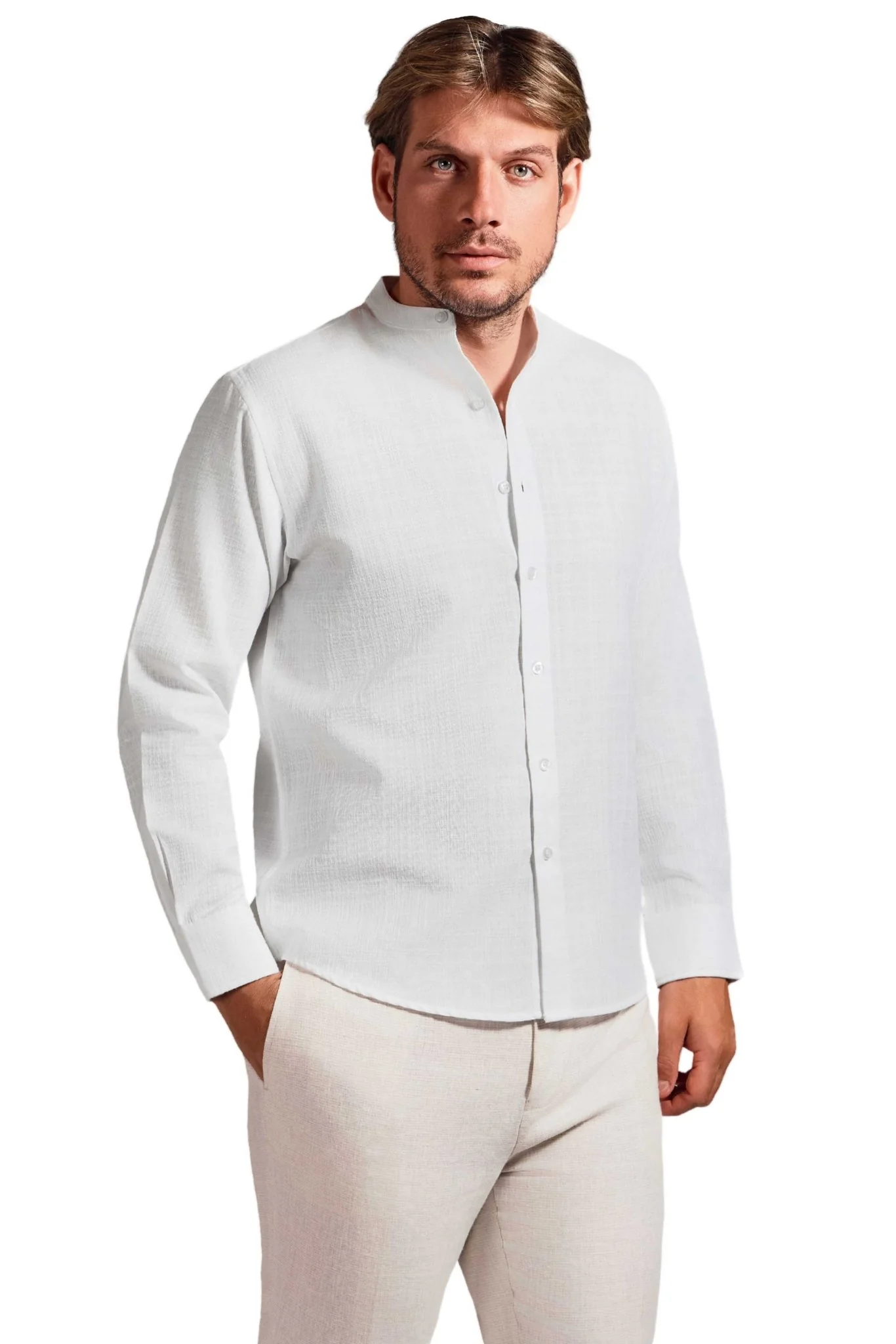 Men's Linen Blend Mandarin Collar Long Sleeve Shirt - Image 21