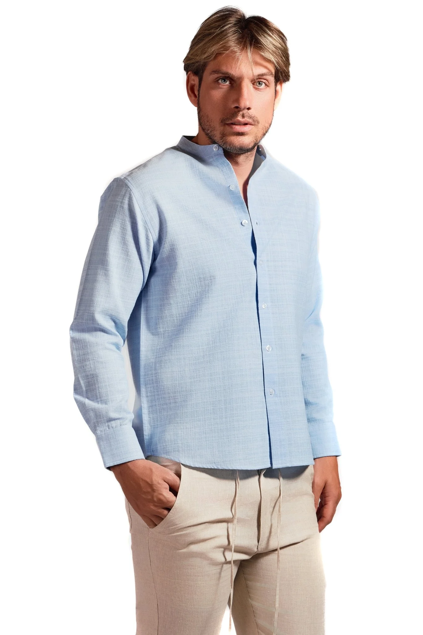 Men's Linen Blend Mandarin Collar Long Sleeve Shirt - Image 7