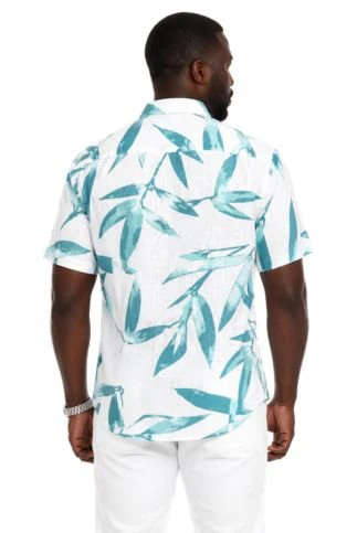Men's Resort Style Casual Linen Blend Colorful Tropical Leaf Print Shirt - Image 2