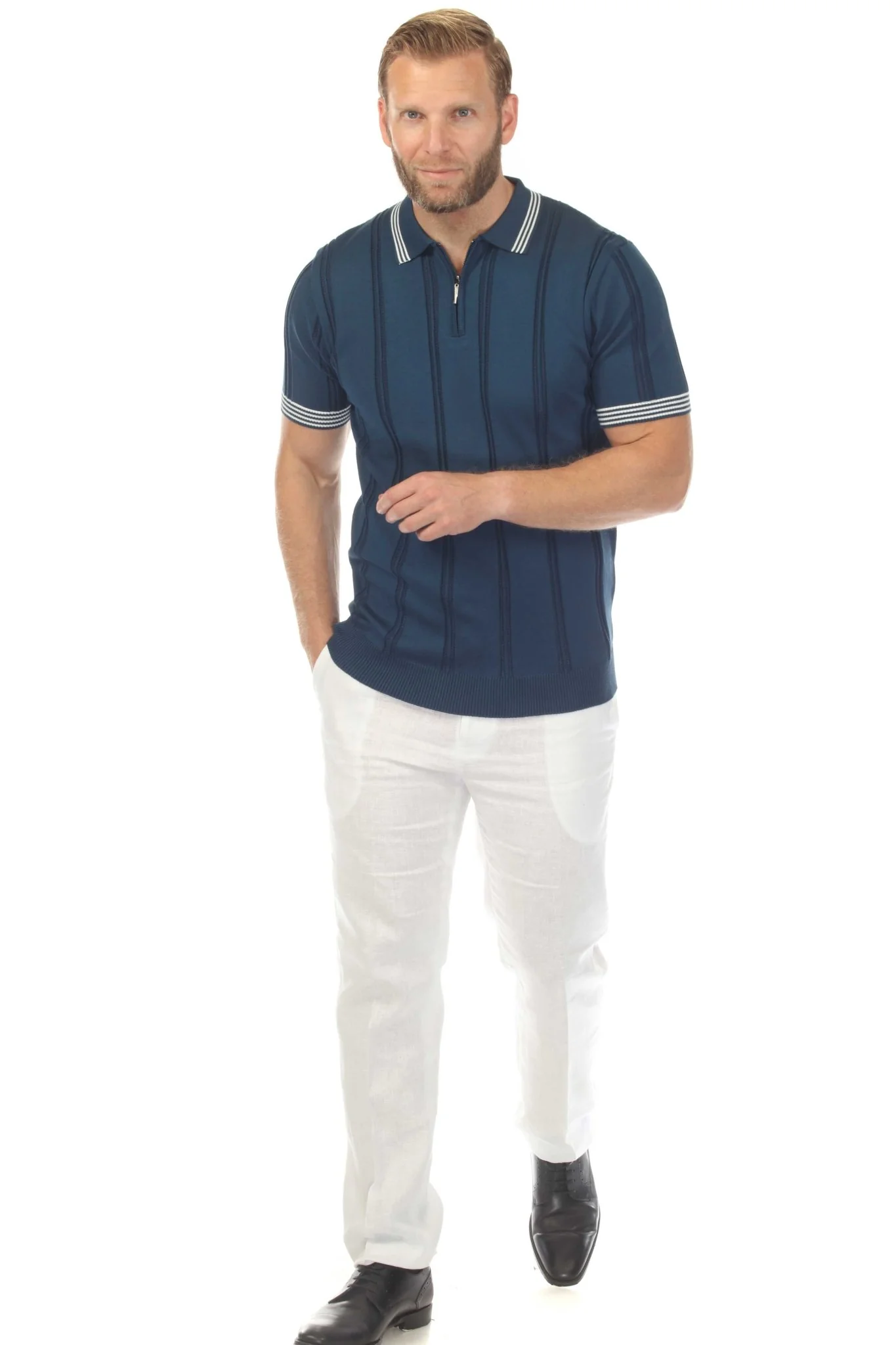 Men's Stylish Premium Knit Textured Polo Shirt with Stripe Accents - Image 10