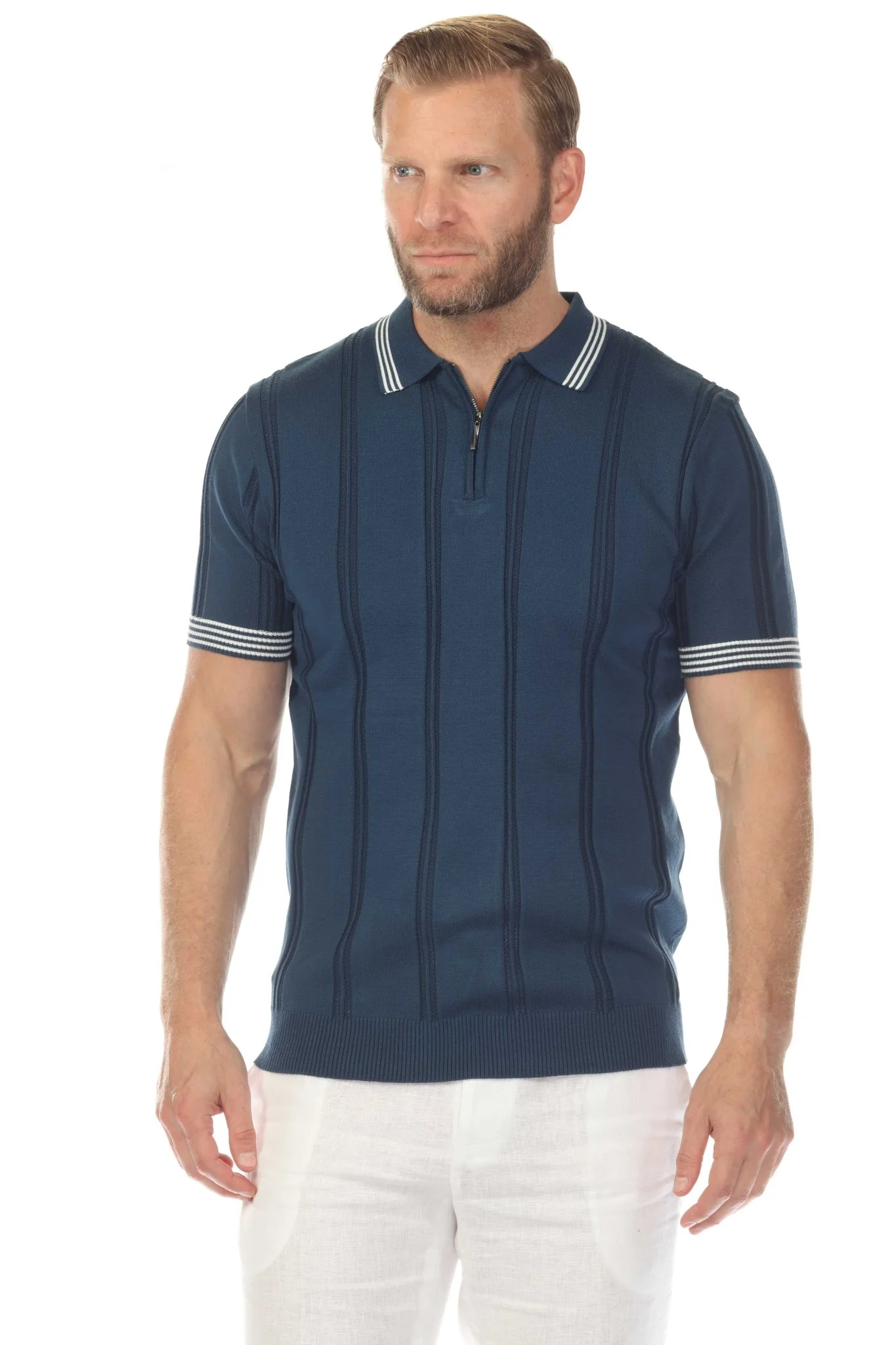 Men's Stylish Premium Knit Textured Polo Shirt with Stripe Accents - Image 12