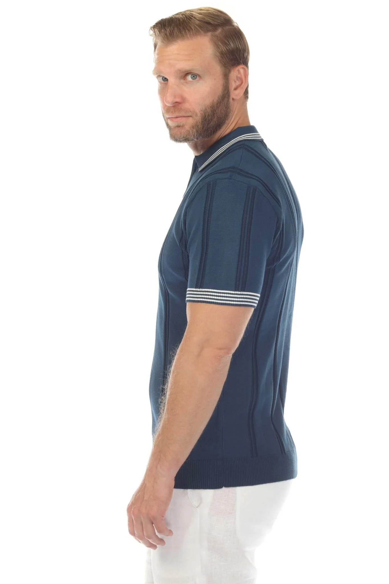 Men's Stylish Premium Knit Textured Polo Shirt with Stripe Accents - Image 15