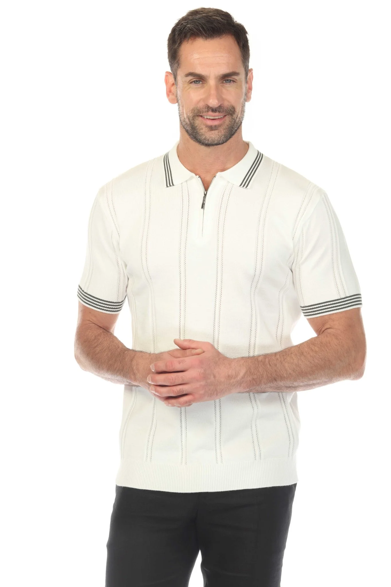 Men's Stylish Premium Knit Textured Polo Shirt with Stripe Accents - Image 16