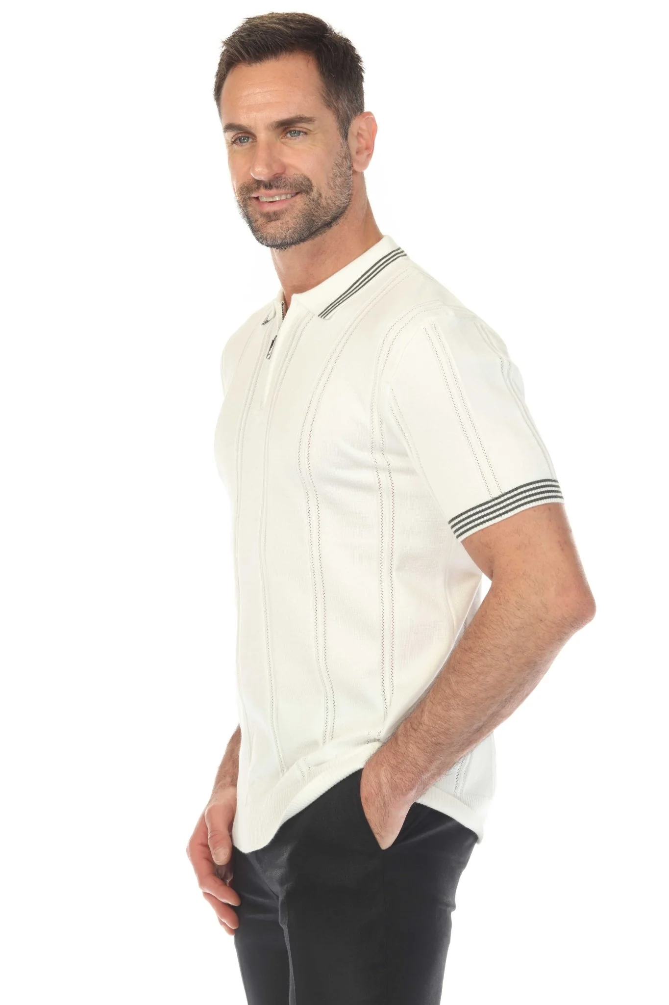 Men's Stylish Premium Knit Textured Polo Shirt with Stripe Accents - Image 19