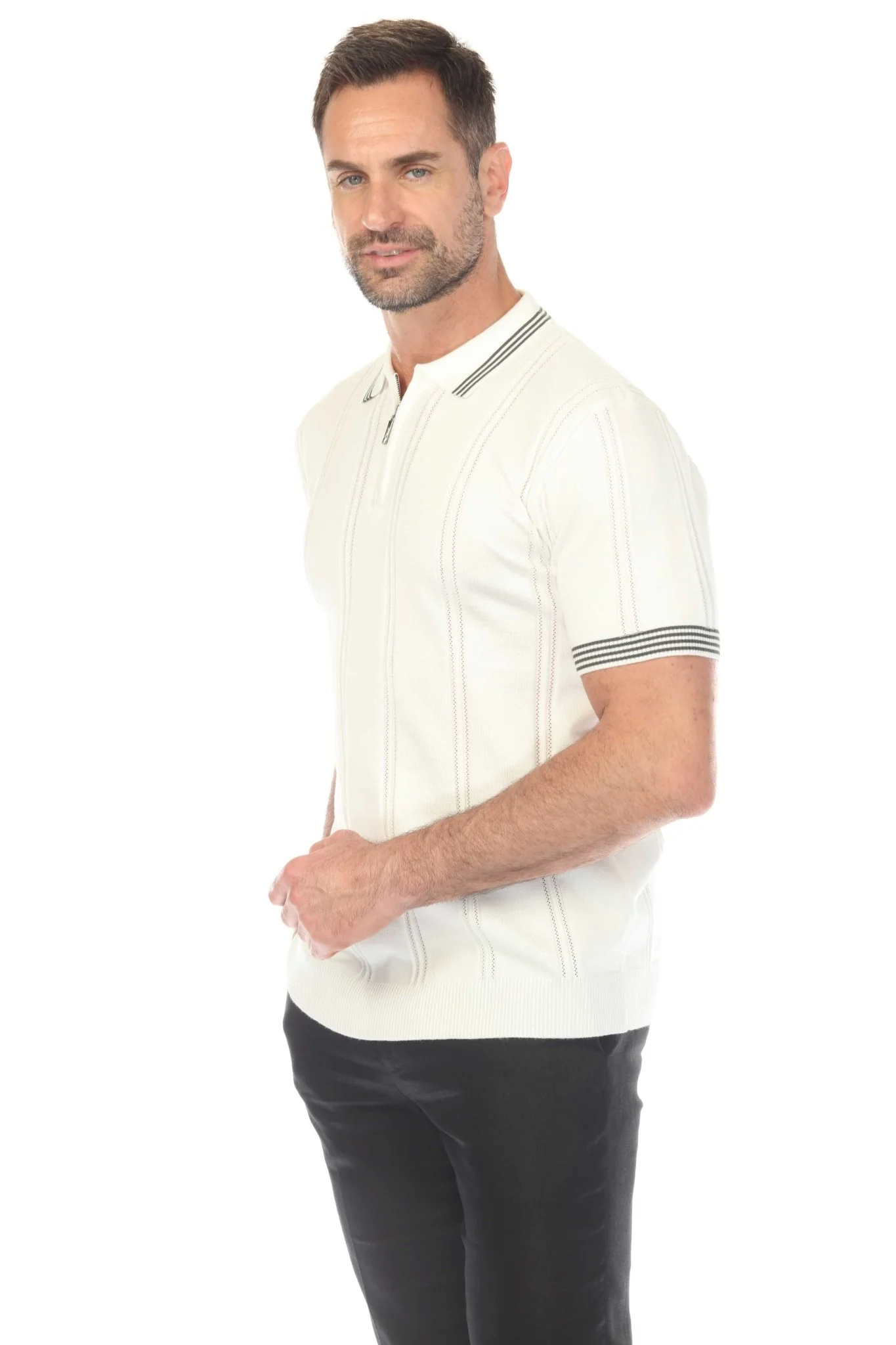 Men's Stylish Premium Knit Textured Polo Shirt with Stripe Accents - Image 20