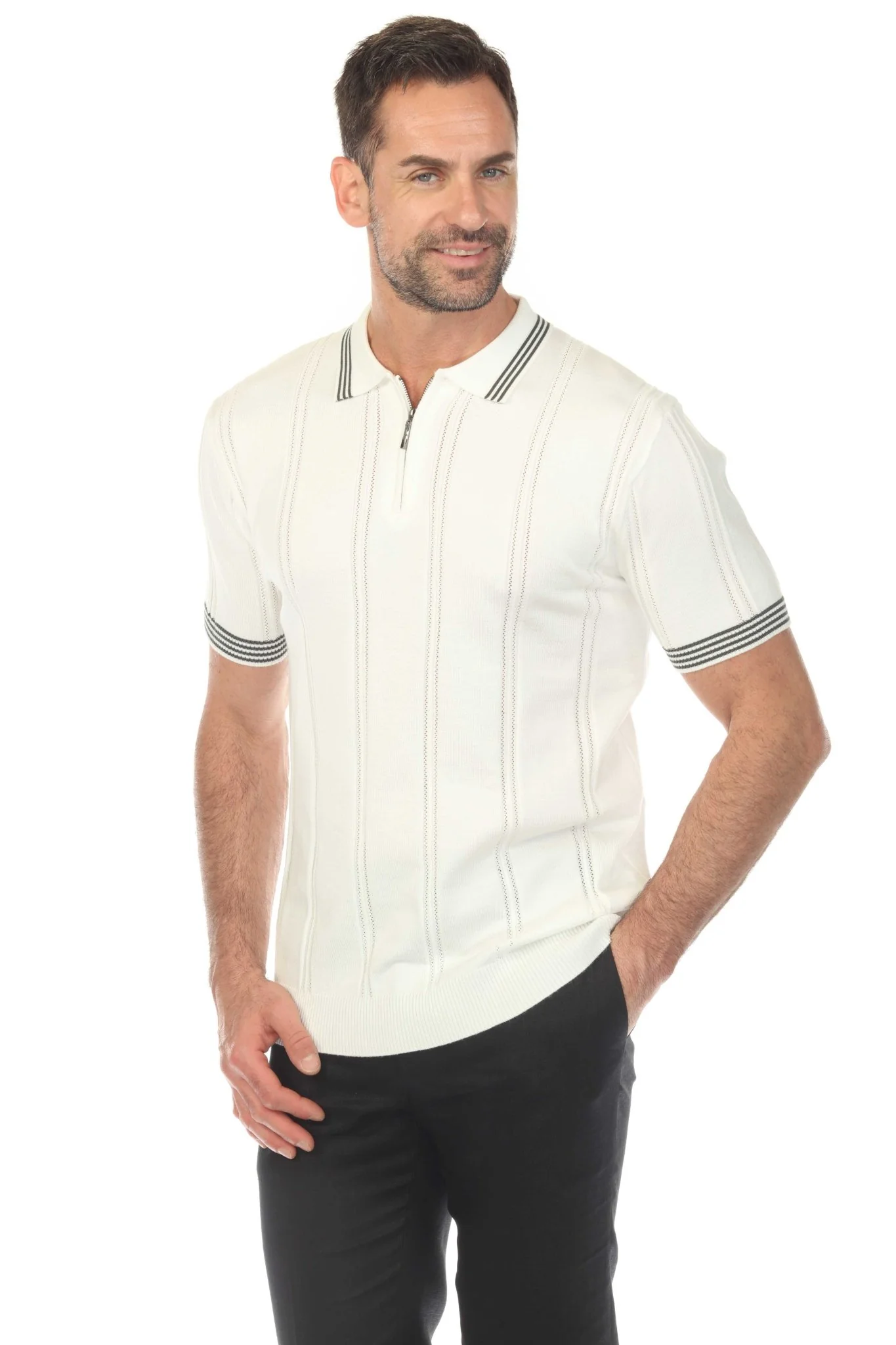 Men's Stylish Premium Knit Textured Polo Shirt with Stripe Accents - Image 21