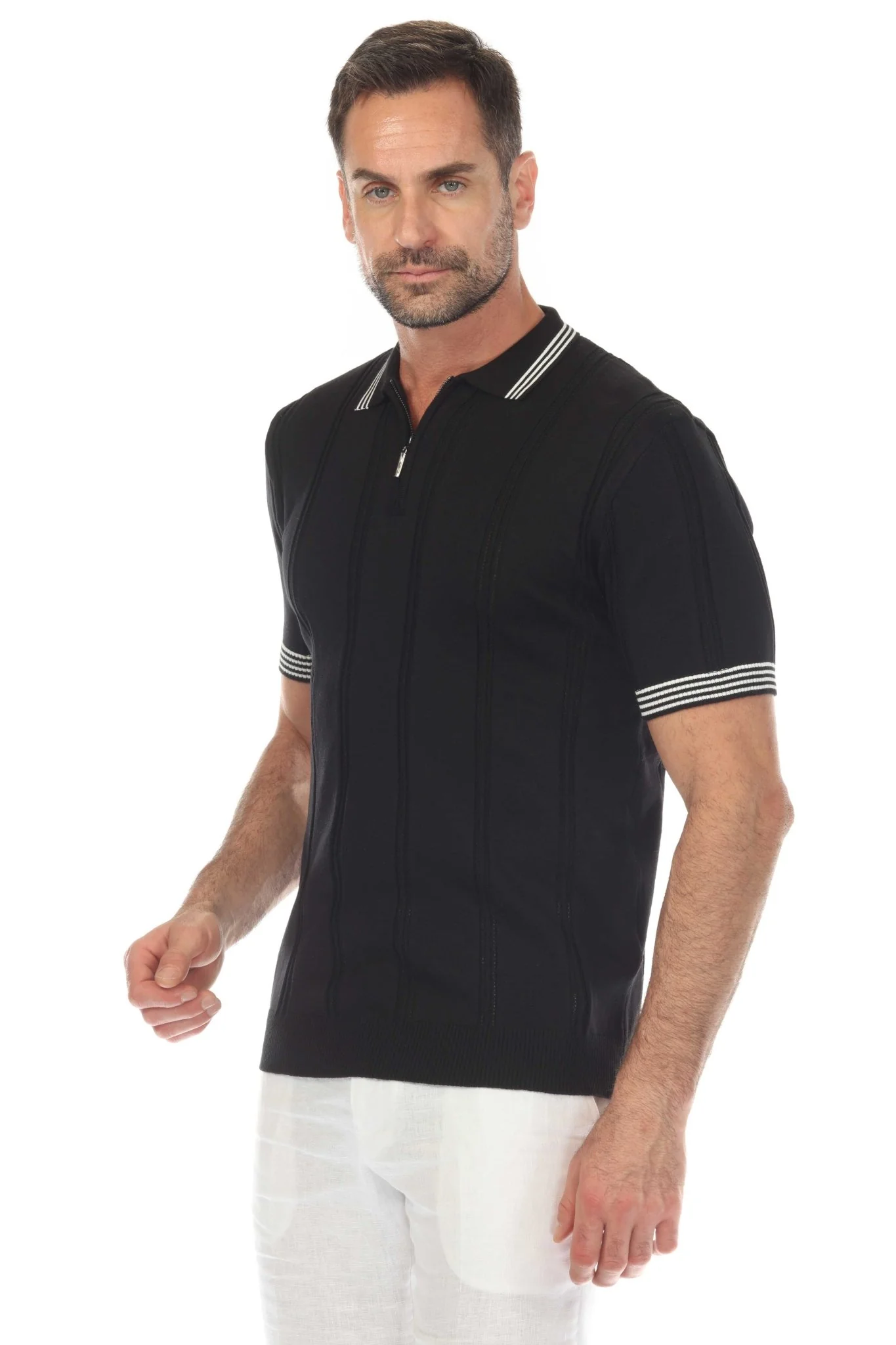 Men's Stylish Premium Knit Textured Polo Shirt with Stripe Accents - Image 23