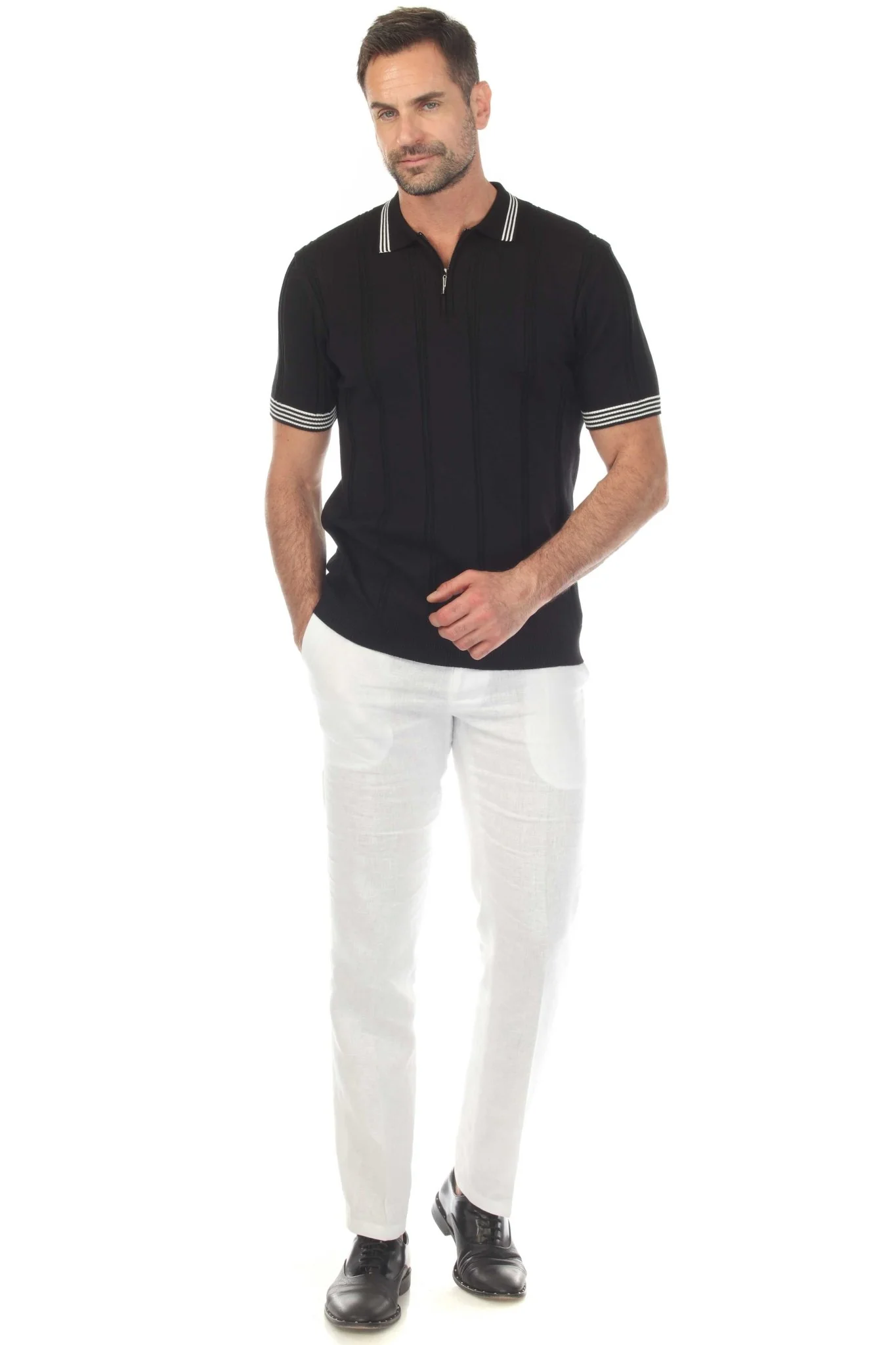 Men's Stylish Premium Knit Textured Polo Shirt with Stripe Accents - Image 24