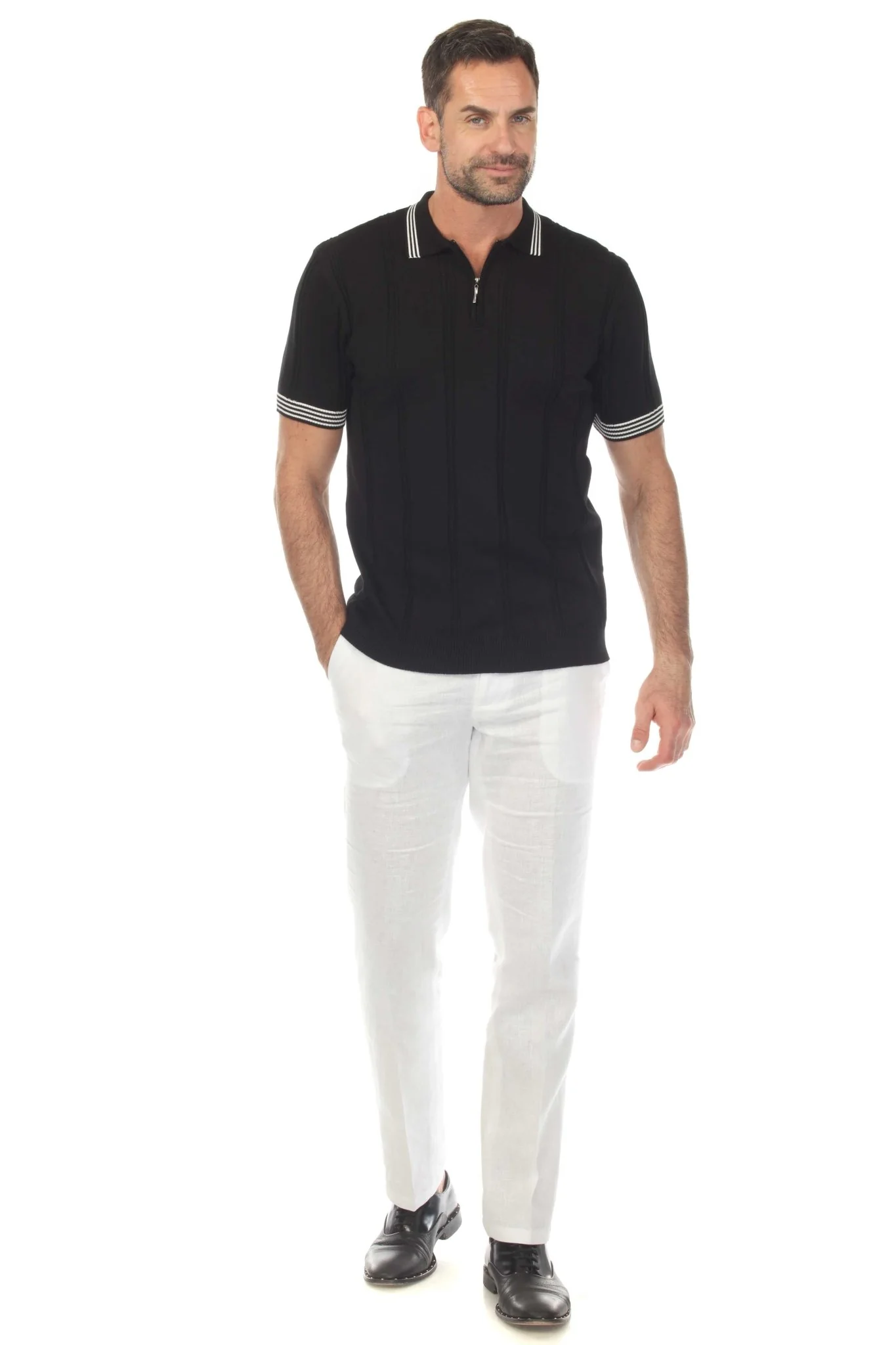 Men's Stylish Premium Knit Textured Polo Shirt with Stripe Accents - Image 25