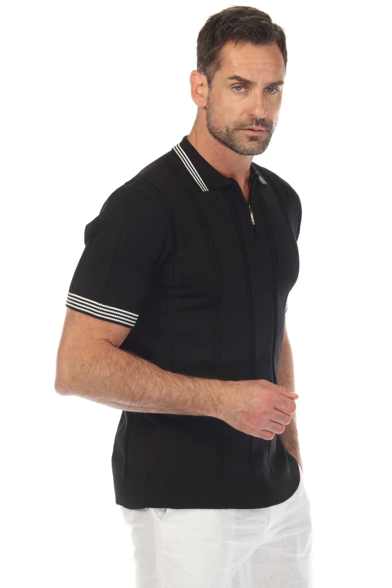 Men's Stylish Premium Knit Textured Polo Shirt with Stripe Accents - Image 26