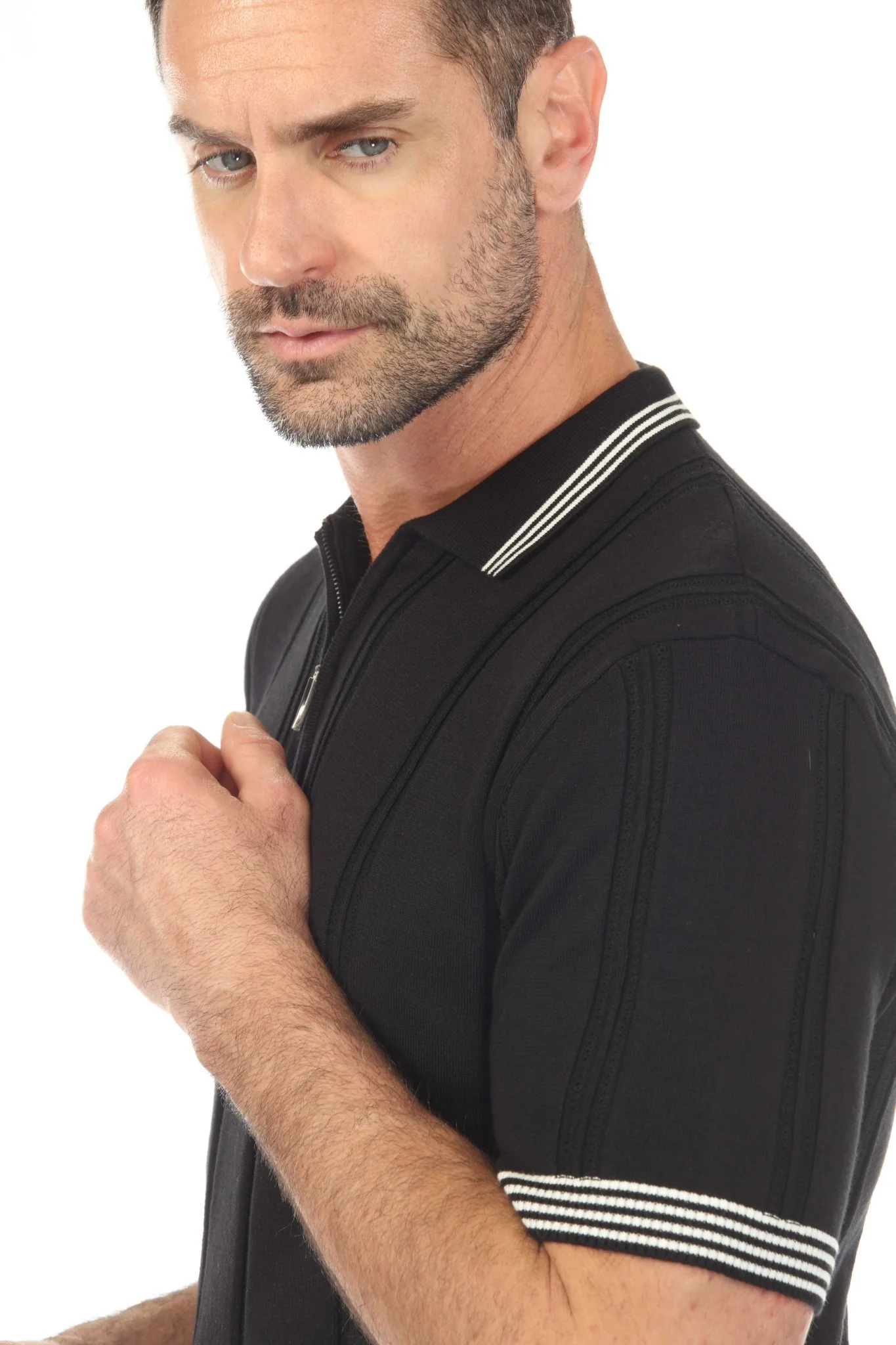 Men's Stylish Premium Knit Textured Polo Shirt with Stripe Accents - Image 27