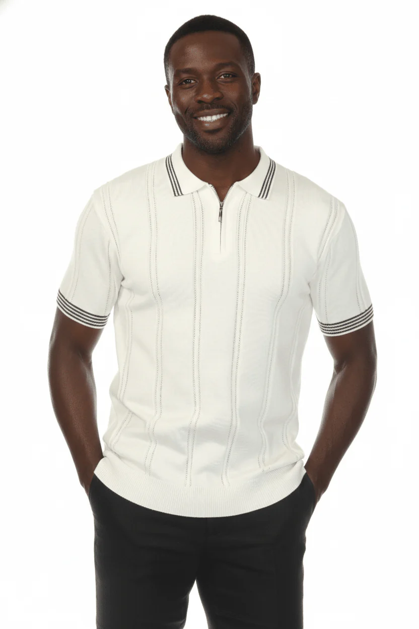 Men's Stylish Premium Knit Textured Polo Shirt with Stripe Accents - Image 4