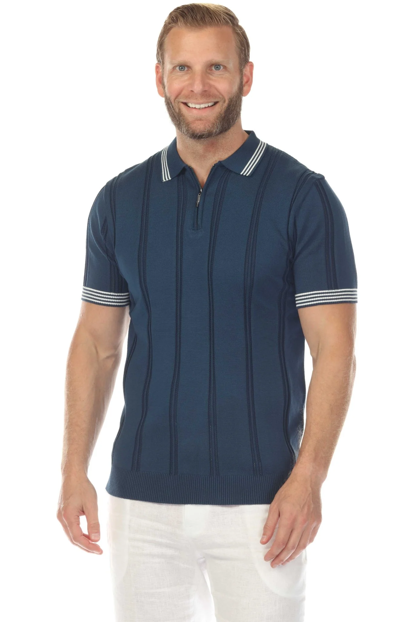 Men's Stylish Premium Knit Textured Polo Shirt with Stripe Accents - Image 8