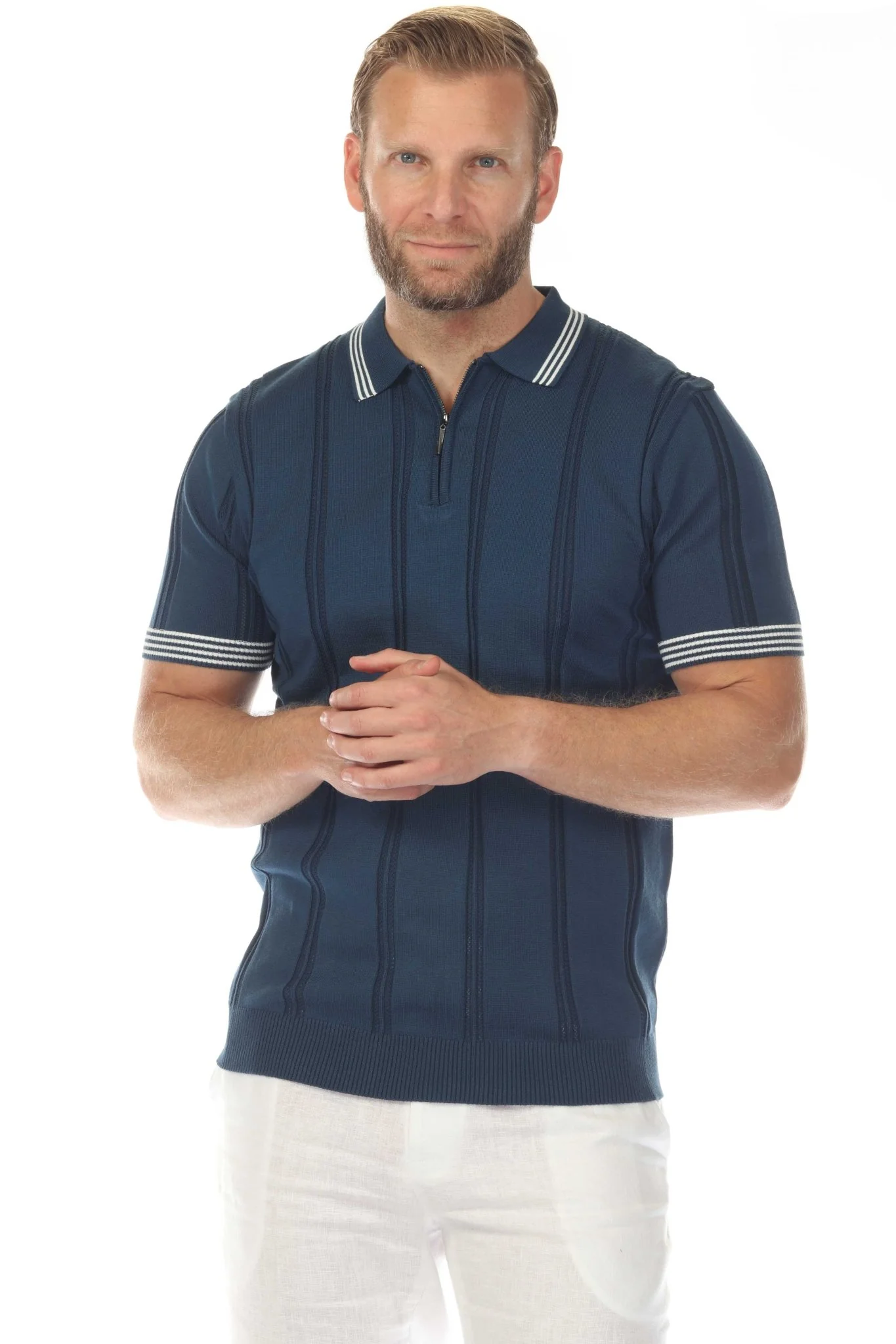 Men's Stylish Premium Knit Textured Polo Shirt with Stripe Accents - Image 9