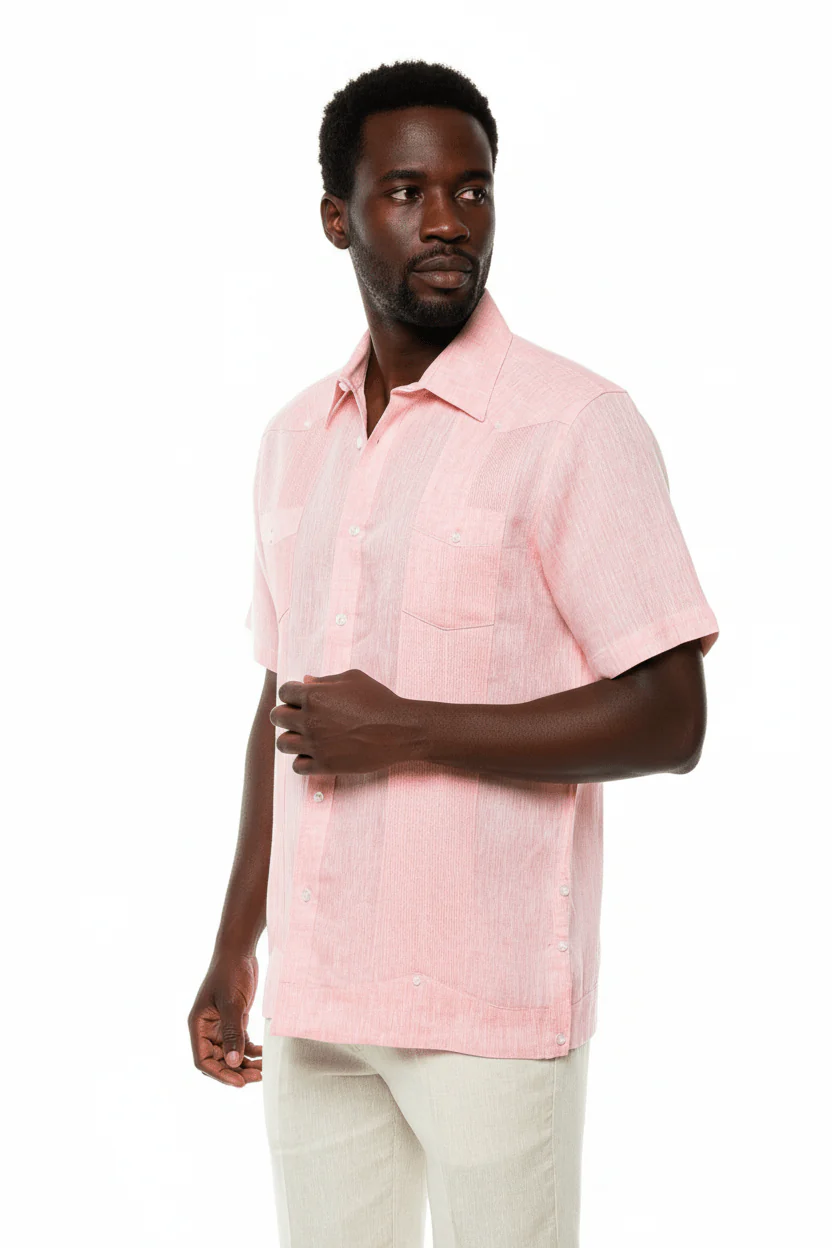 Men's Yarn Dye 100% Linen Guayabera Shirt Short Sleeve 2 Pocket Design - Image 2