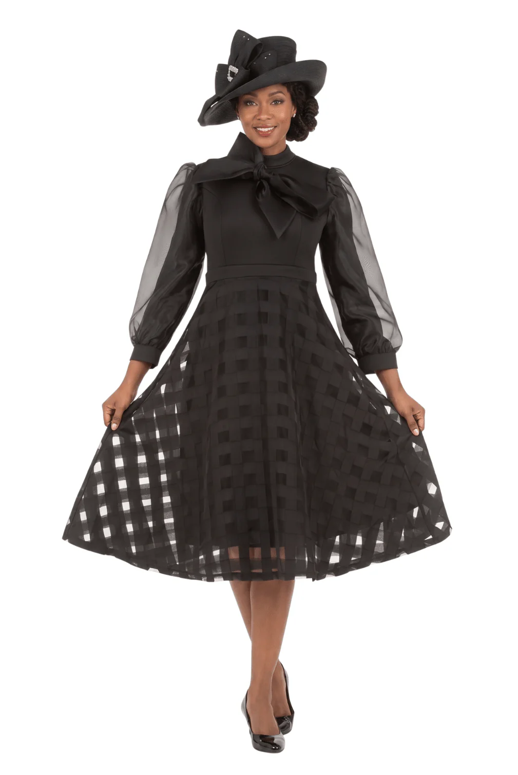 Mock Nk Plaid Organza A-line Drs w/ Bow