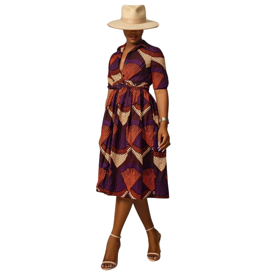 MOREMI AFRICAN PRINT BUTTON DOWN DRESS [PURPLE]
