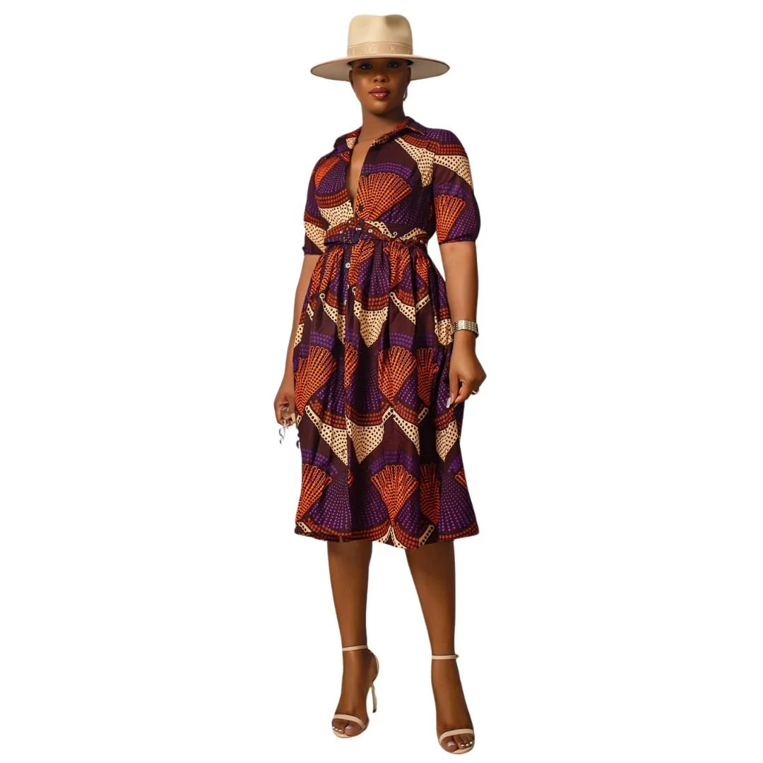 MOREMI AFRICAN PRINT BUTTON DOWN DRESS [PURPLE] - Image 3