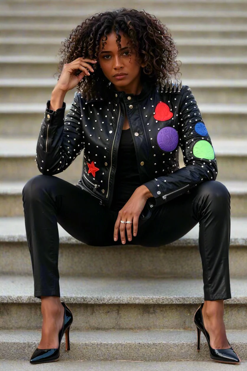 Multi Colored Studded Leather Jacket -81752 - Image 6