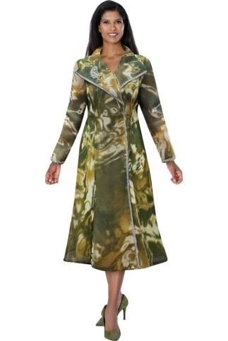 Olive Multi Marbled A-Line Coat Dress with Rhinestone Trim DN100731