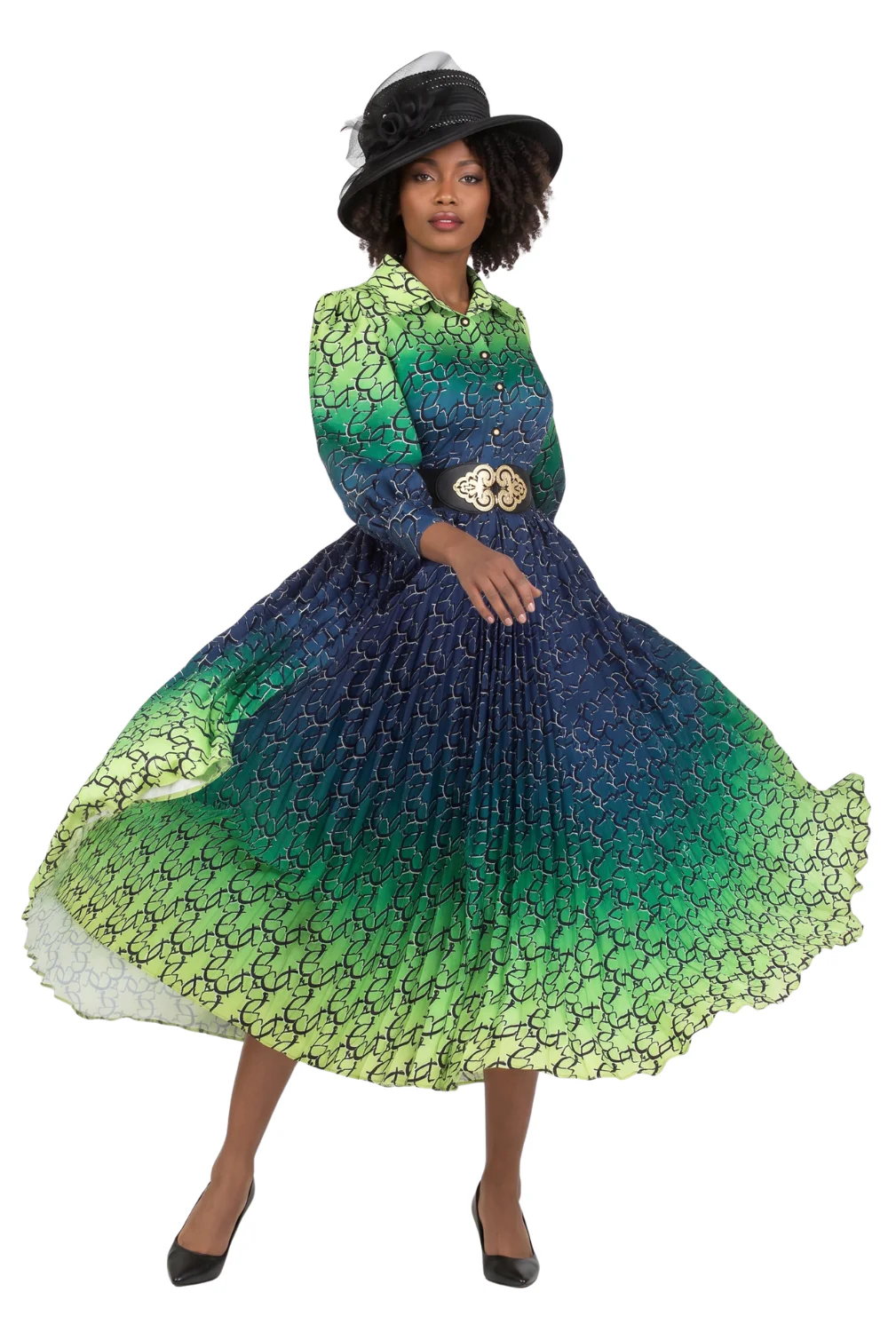 Ombre Print Flowy Pleats Drs w/ Belt-Plus