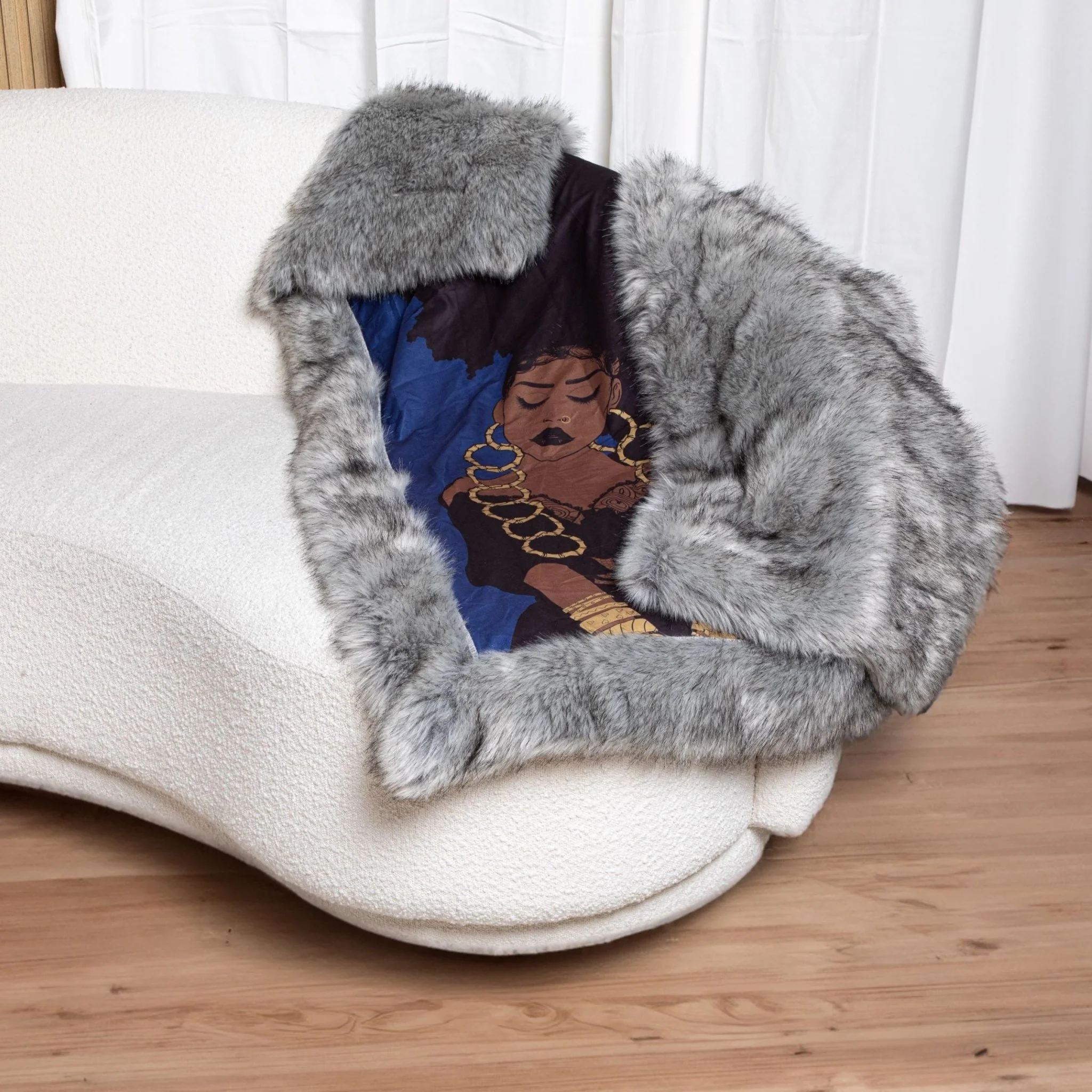 Onyx Blue & Gray Faux Fox Fur Throw Blanket