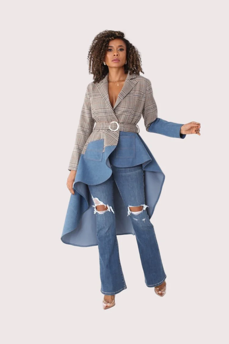 Plaid High-Low Blazer with Leather -82018 - Image 3