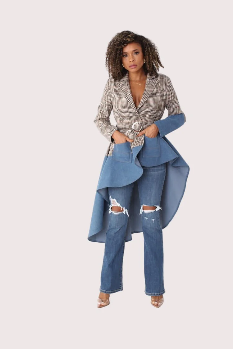 Plaid High-Low Blazer with Leather -82018 - Image 4