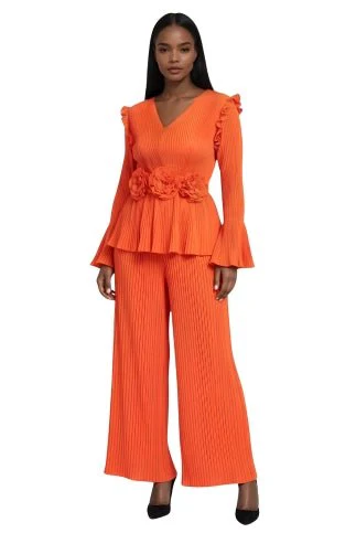 Pleated Peplum Pant Set with Floral Waist Detail - 82953