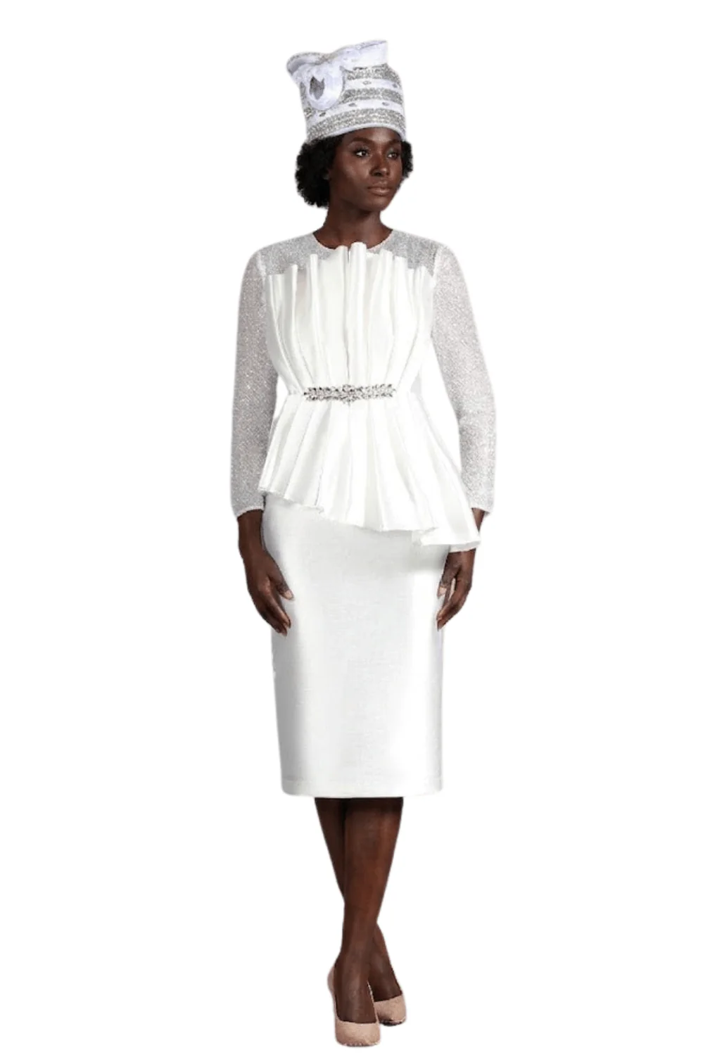 Pleated Pplm Silky Twl Drs w/ See-thru Lace Slvs